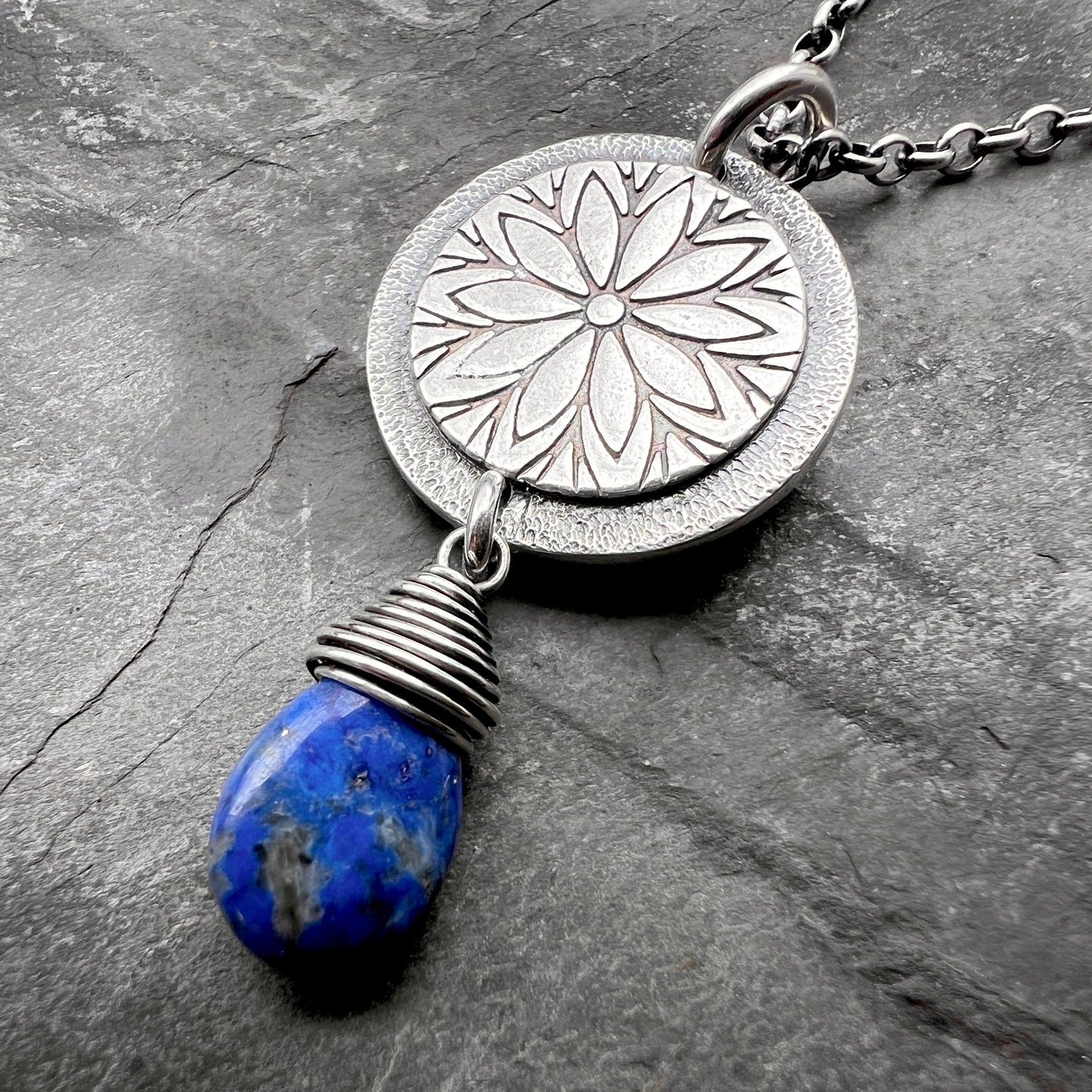 Sterling Silver Lapis Lazuli Necklace | Stamped Flower and Blue Stone Teardrop Pendant