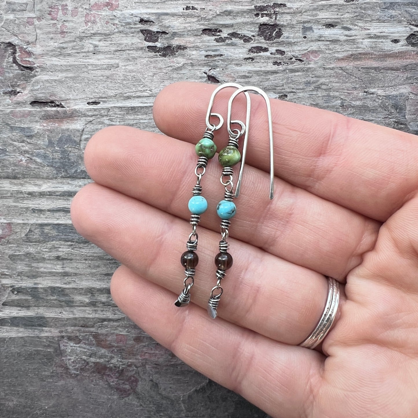 Sterling Silver Turquoise and Smoky Quartz Earrings | Natural Stone Long Dangle Earrings