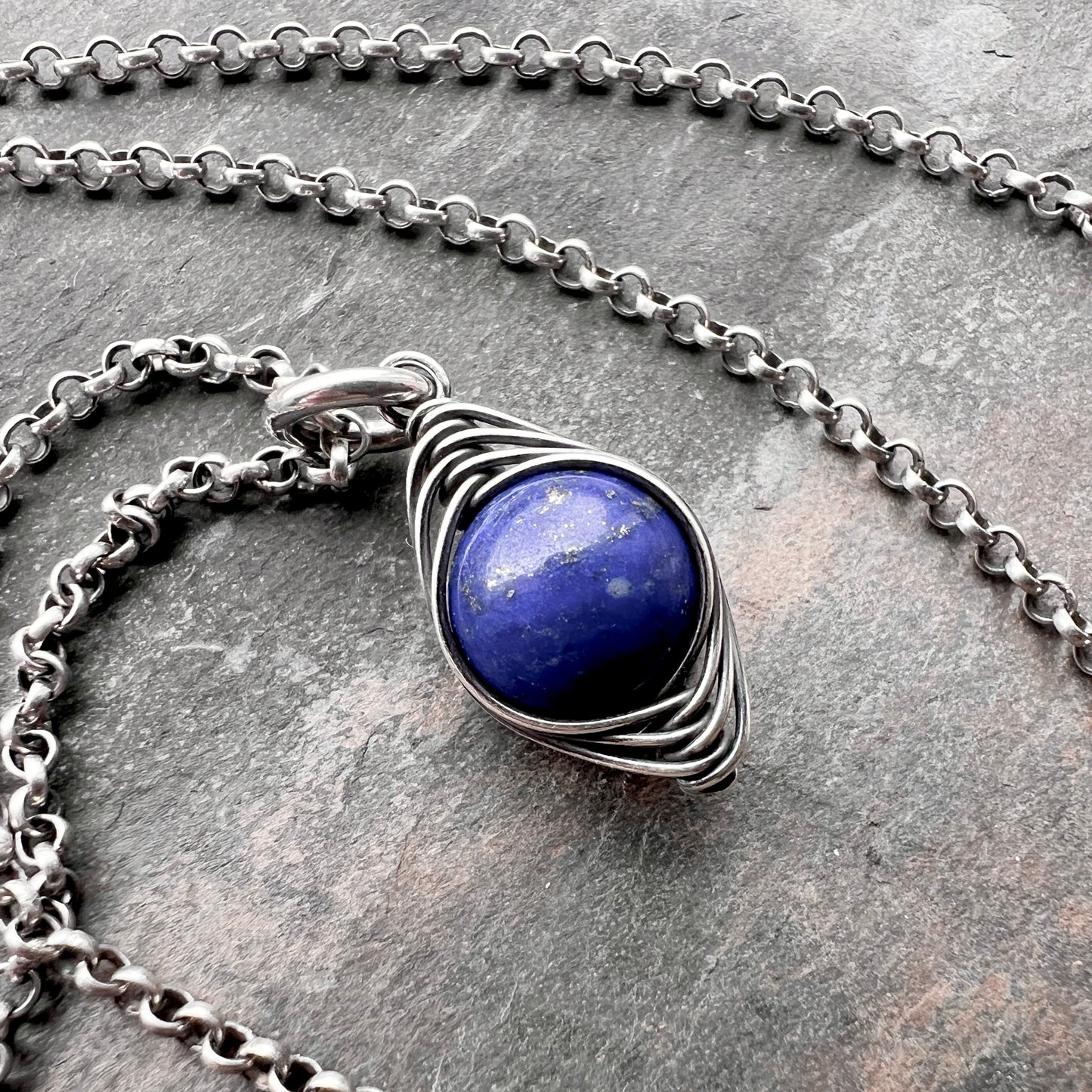 Sterling Silver Lapis Lazuli Necklace | Blue Natural Stone Wire-wrapped Pendant