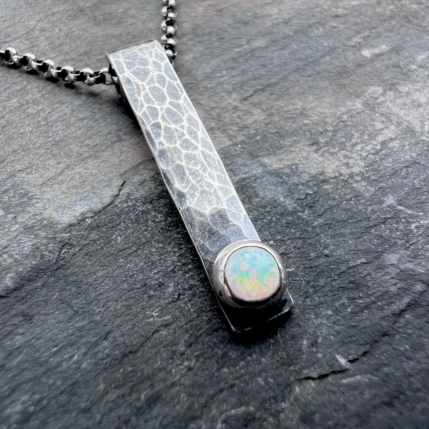 Opal and Sterling Silver Bar Necklace - Hammered Sterling Silver Bar and Simulated Opal Cabochon Pendant Necklace
