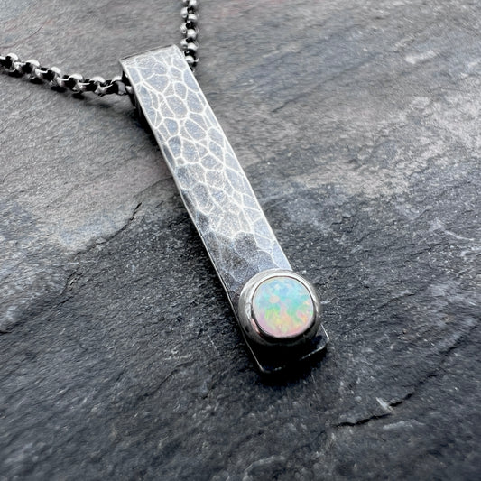 Opal and Sterling Silver Bar Necklace - Hammered Sterling Silver Bar and Simulated Opal Cabochon Pendant Necklace