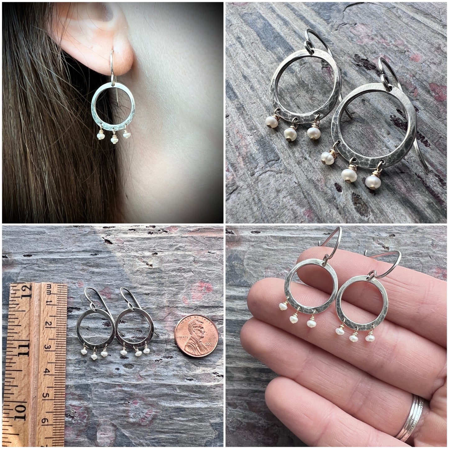 Sterling Silver and 14k Goldfill Pearl Earrings | Hammered Silver Hoops and Genuine Pearl Dangle Earrings