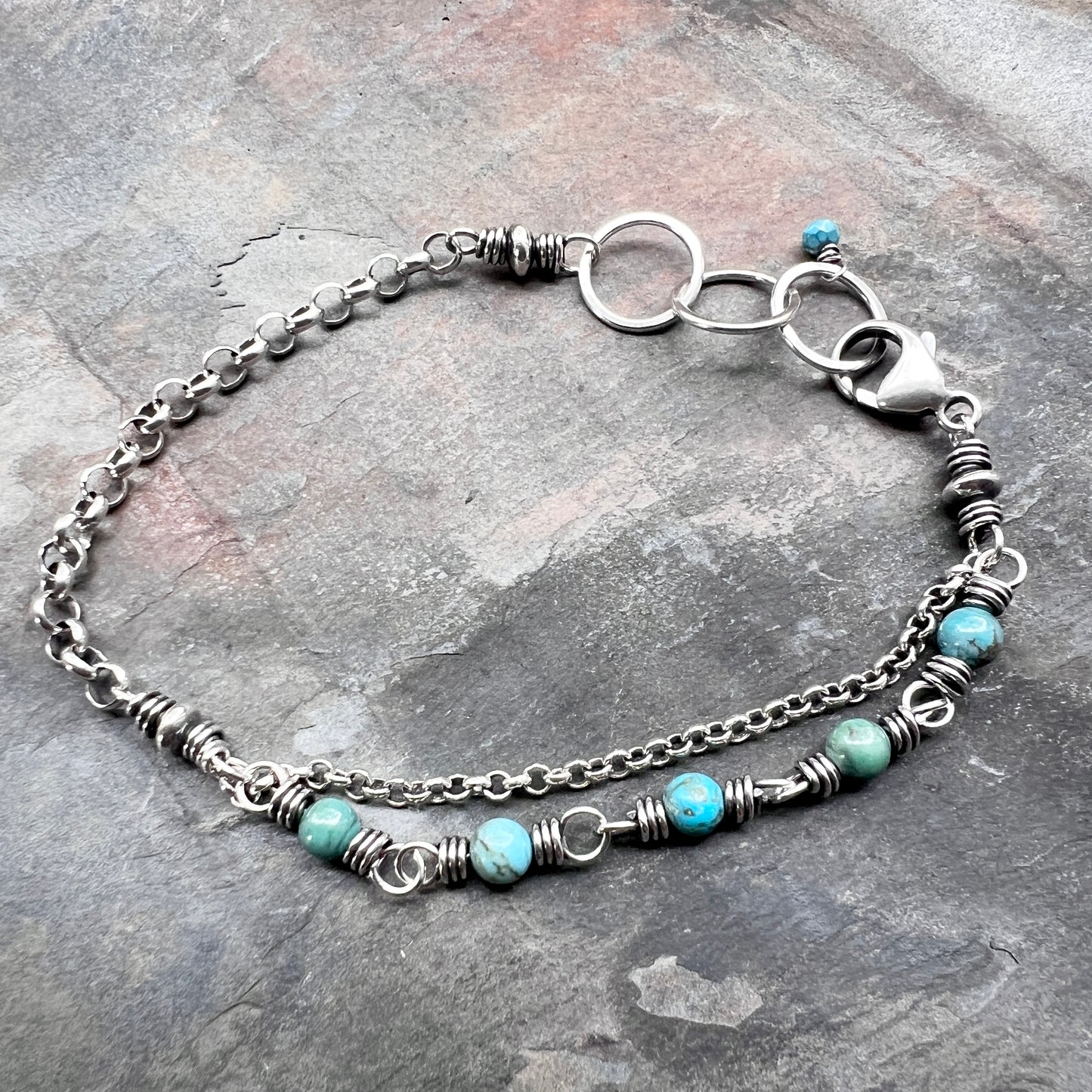 Sterling Silver Turquoise Bracelet | Genuine Turquoise Wire-wrapped Chain Bracelet