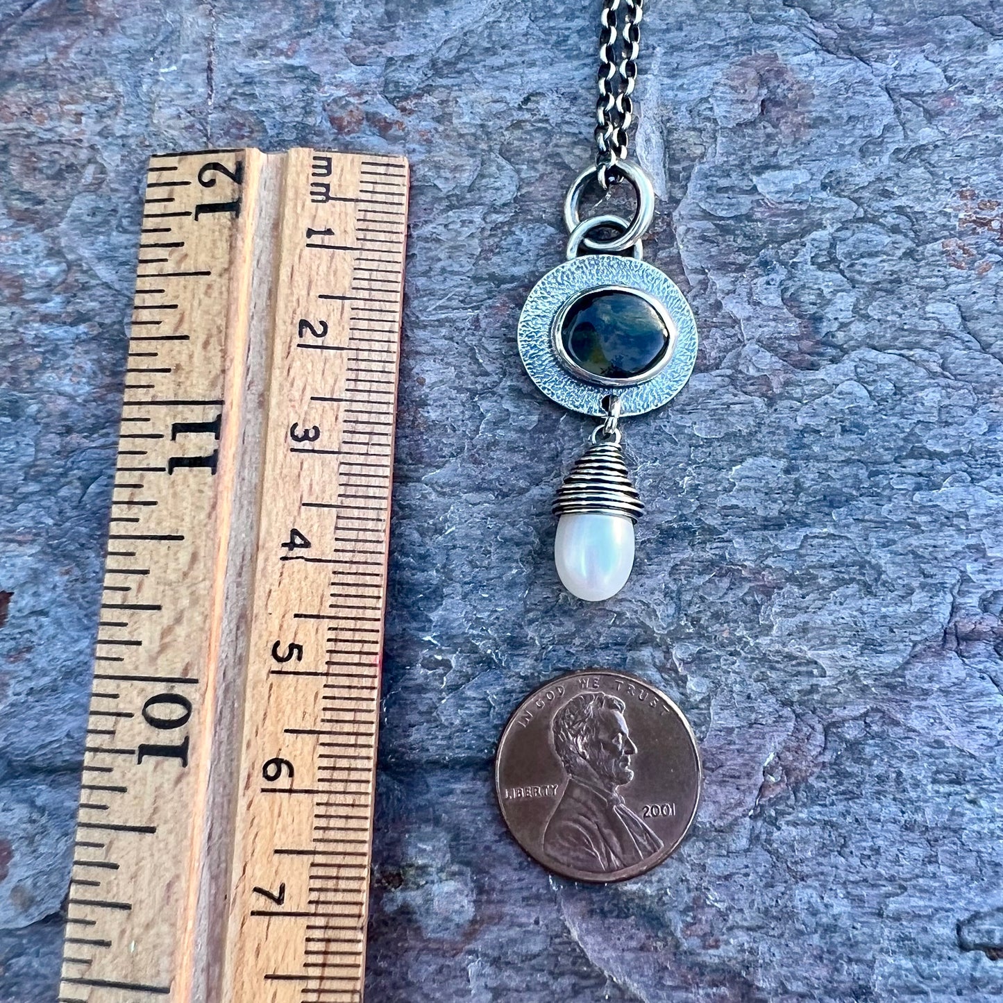 Sterling Silver Opal and Pearl Necklace - Genuine Peruvian Opal and Fresh Water Pearl Pendant - Handmade Jewelry Unique Gift for Her