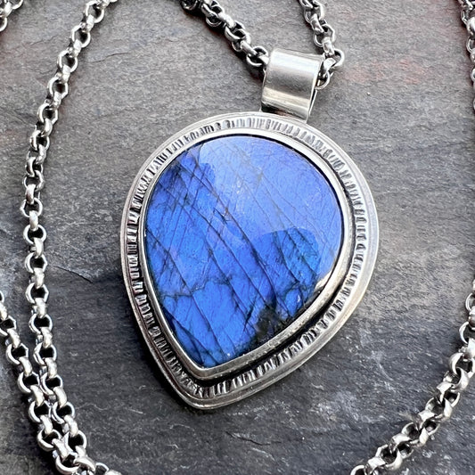 Sterling Silver Labradorite Necklace | Cobalt Blue Natural Stone Teardrop Pendant