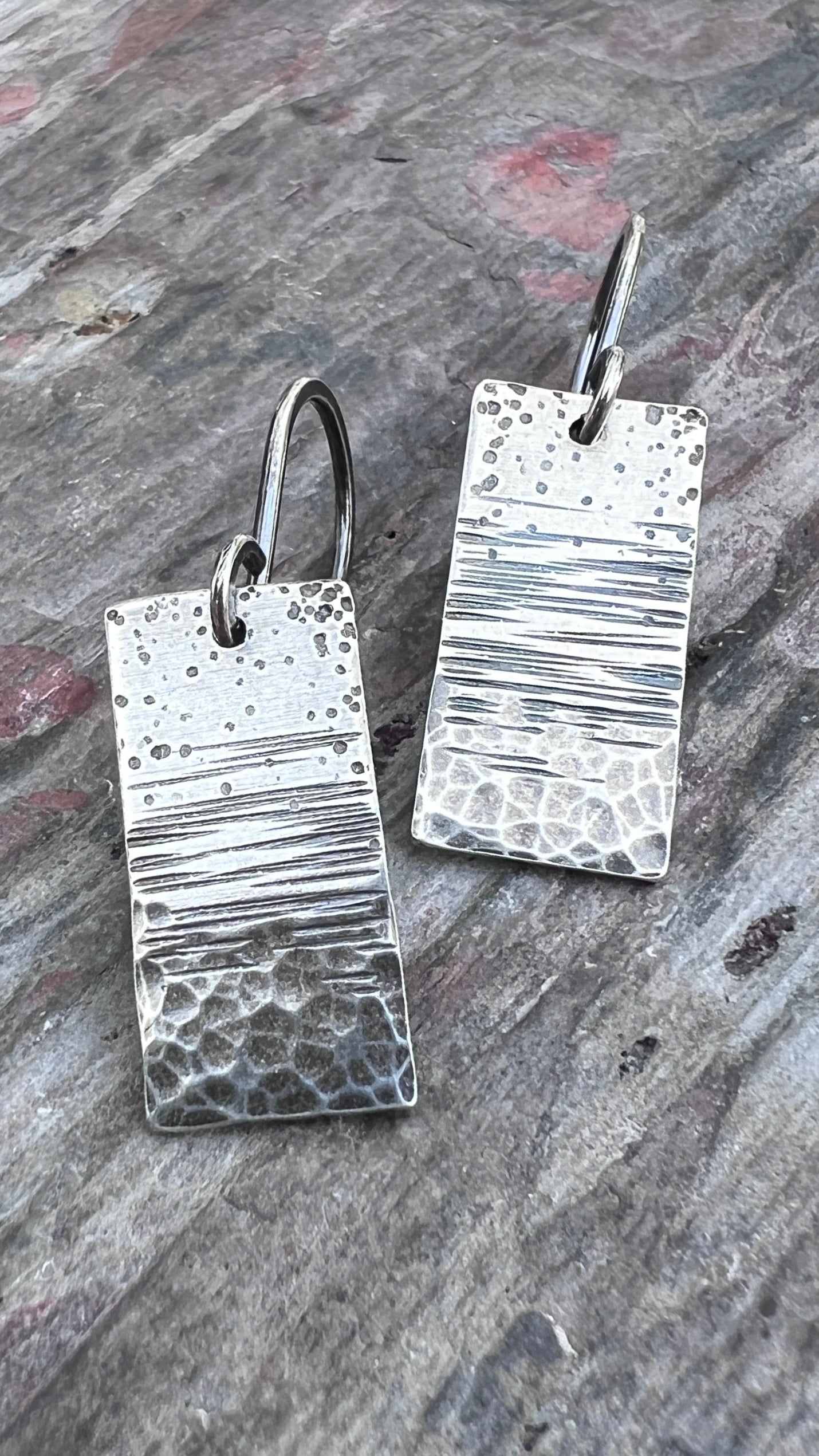 Sterling Silver Hammered Earrings | Artsy Multi Textured Rectangle Earrings