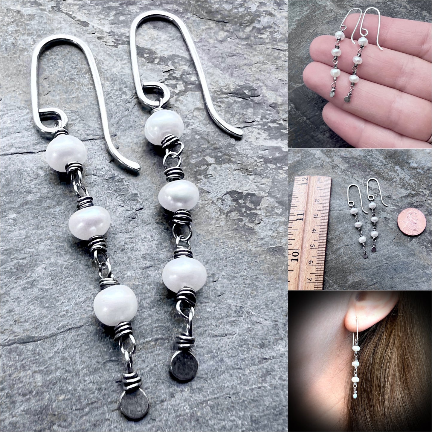 Sterling Silver Pearl Earrings | Genuine Pearl Wire-wrapped Long Dangles