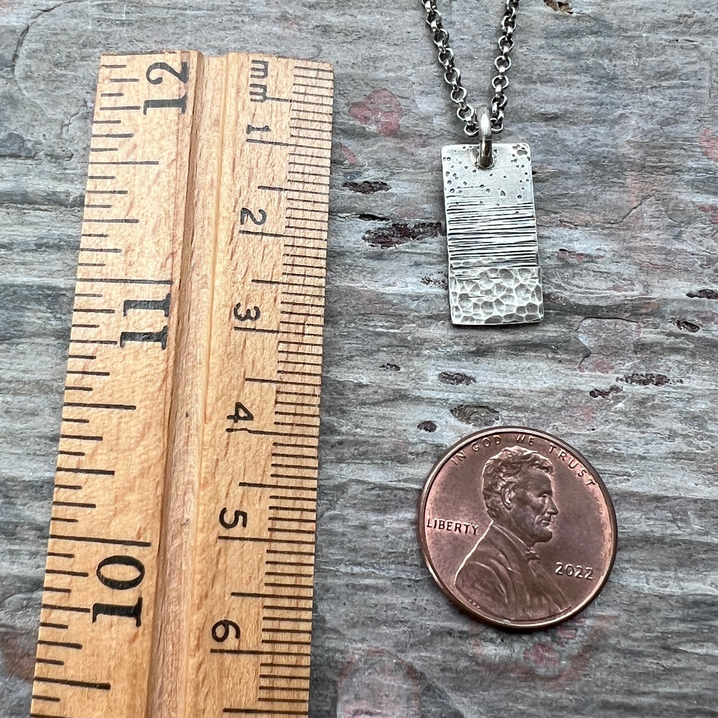 Sterling Silver Hammered Necklace | Artsy Multi Textured Rectangle Pendant