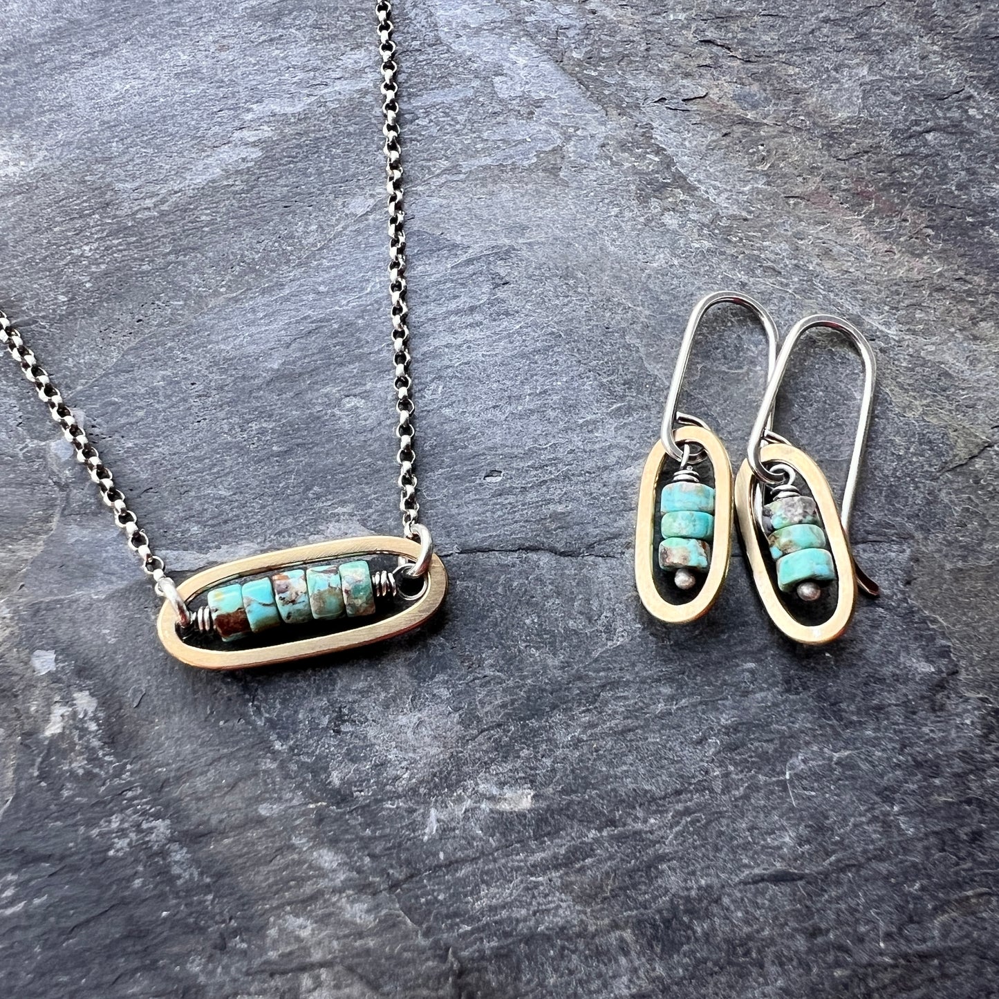 Turquoise Sterling Silver Earrings | Mixed Metal Brown Matrix Turquoise Small Dangles