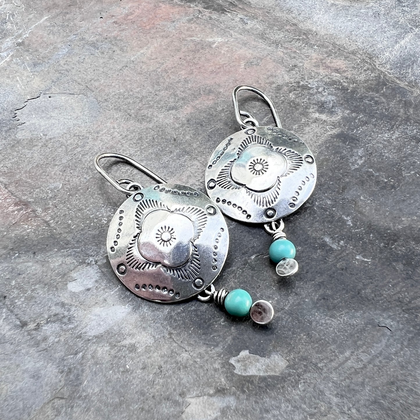 Sterling Silver Turquoise Earrings | Stamped Dangle Earrings with Genuine Turquoise Stone Beads