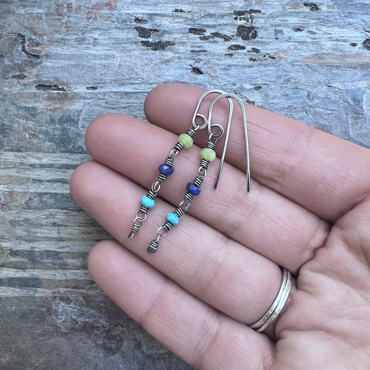 Sterling Silver Genuine Stone Earrings | Long Dangles with Turquoise, Lapis Lazuli, and Jade Beads