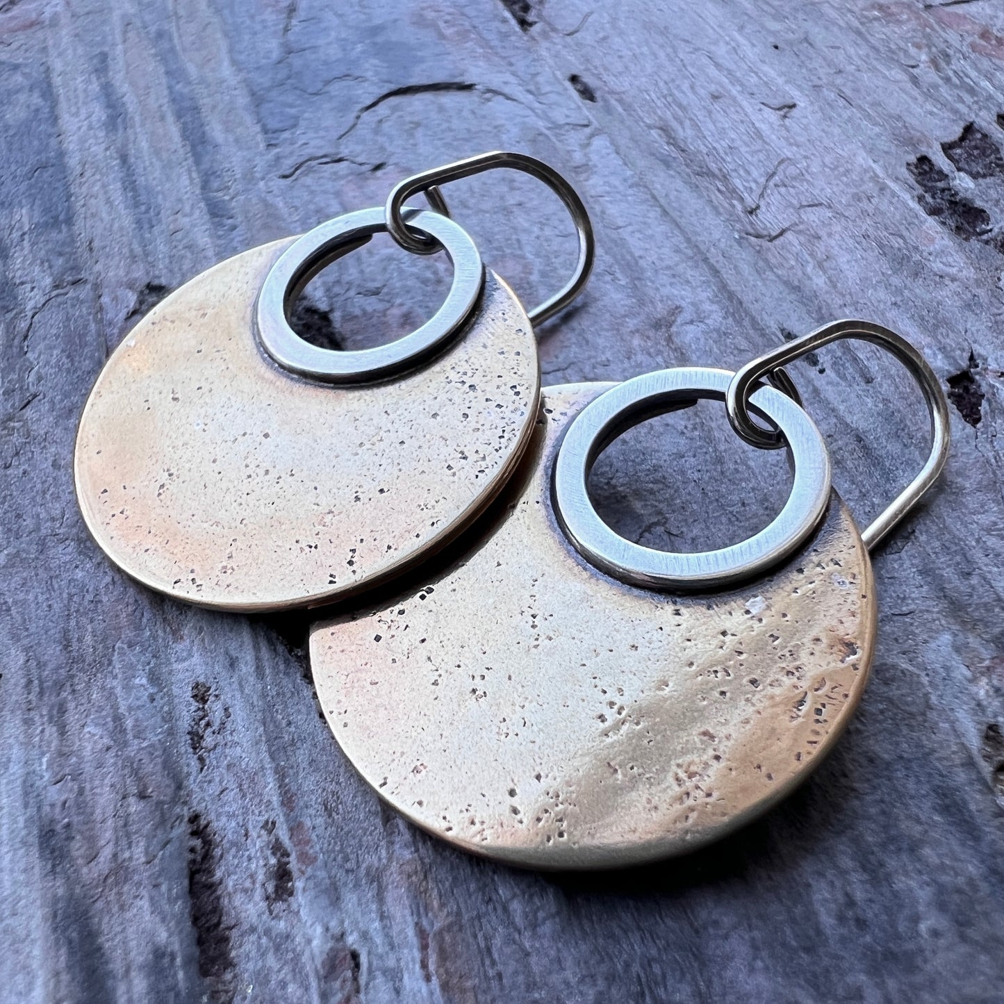 Sterling Silver and Gold Brass Earrings | Mixed Metal Modern Circle Dangle Earrings