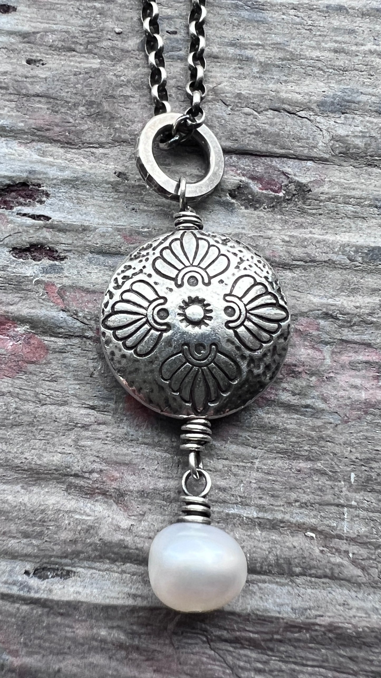 Sterling Silver Pearl Necklace | Floral Medallion and Genuine Pearl Pendant