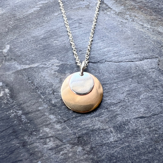 Sterling Silver and Gold Brass Necklace | Mixed Metal Layered Circle Pendant