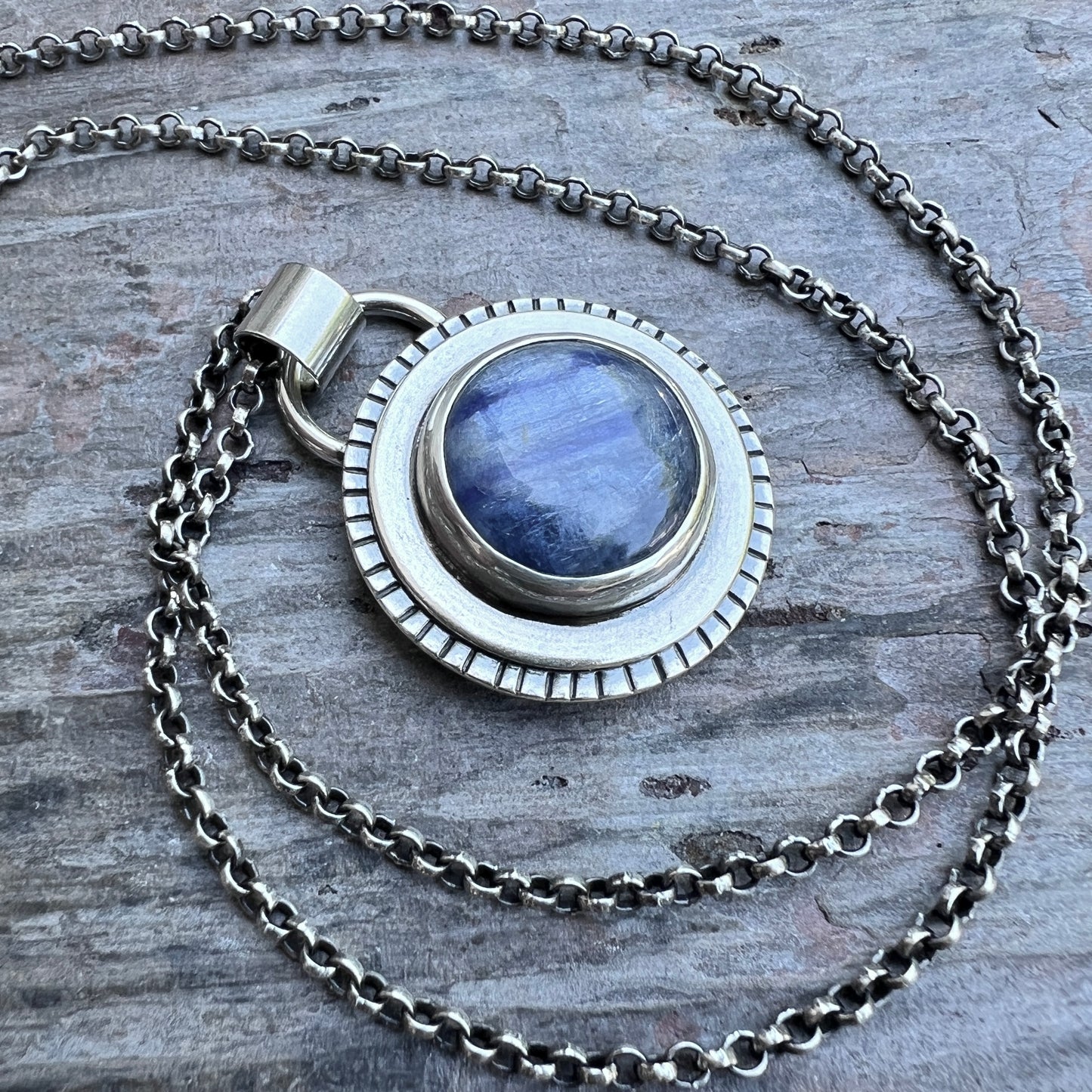 Sterling Silver Kyanite Necklace | Natural Stone Round Cabochon Pendant