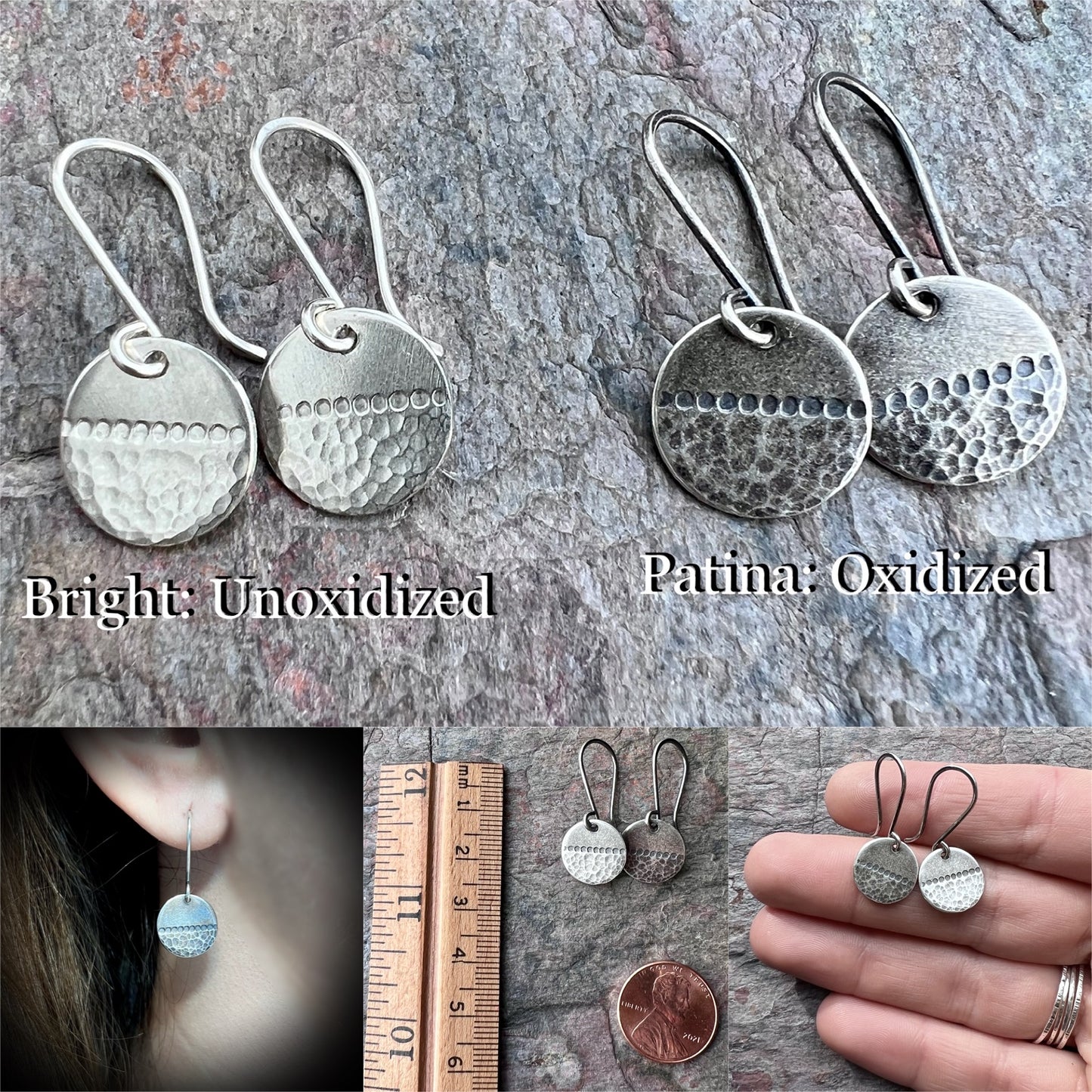Sterling Silver Circle Earrings with Hammered and Stamped Design