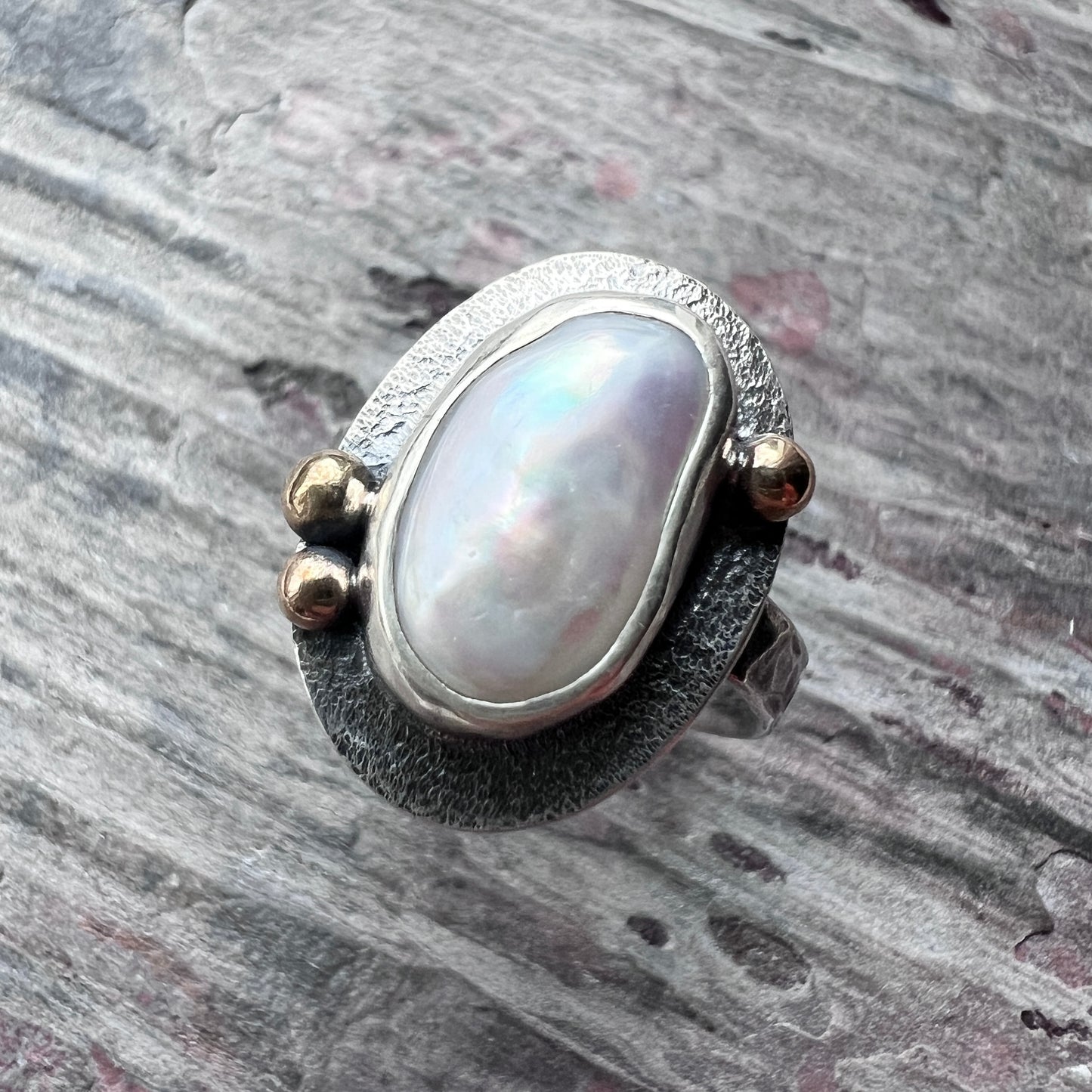 Sterling Silver Baroque Pearl Ring | Genuine Natural Pearl with Golden Brass Accents - Size 7.75