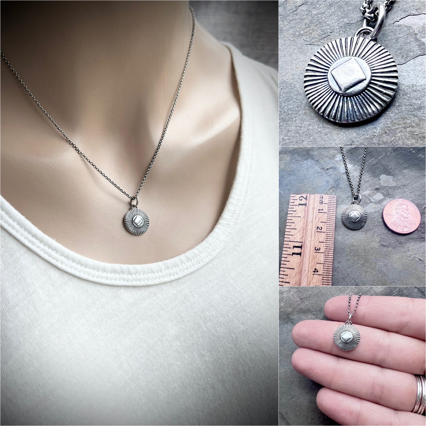 Sterling Silver Diamond Circle Necklace | Small Stamped Silver Pendant on Lightweight Chain