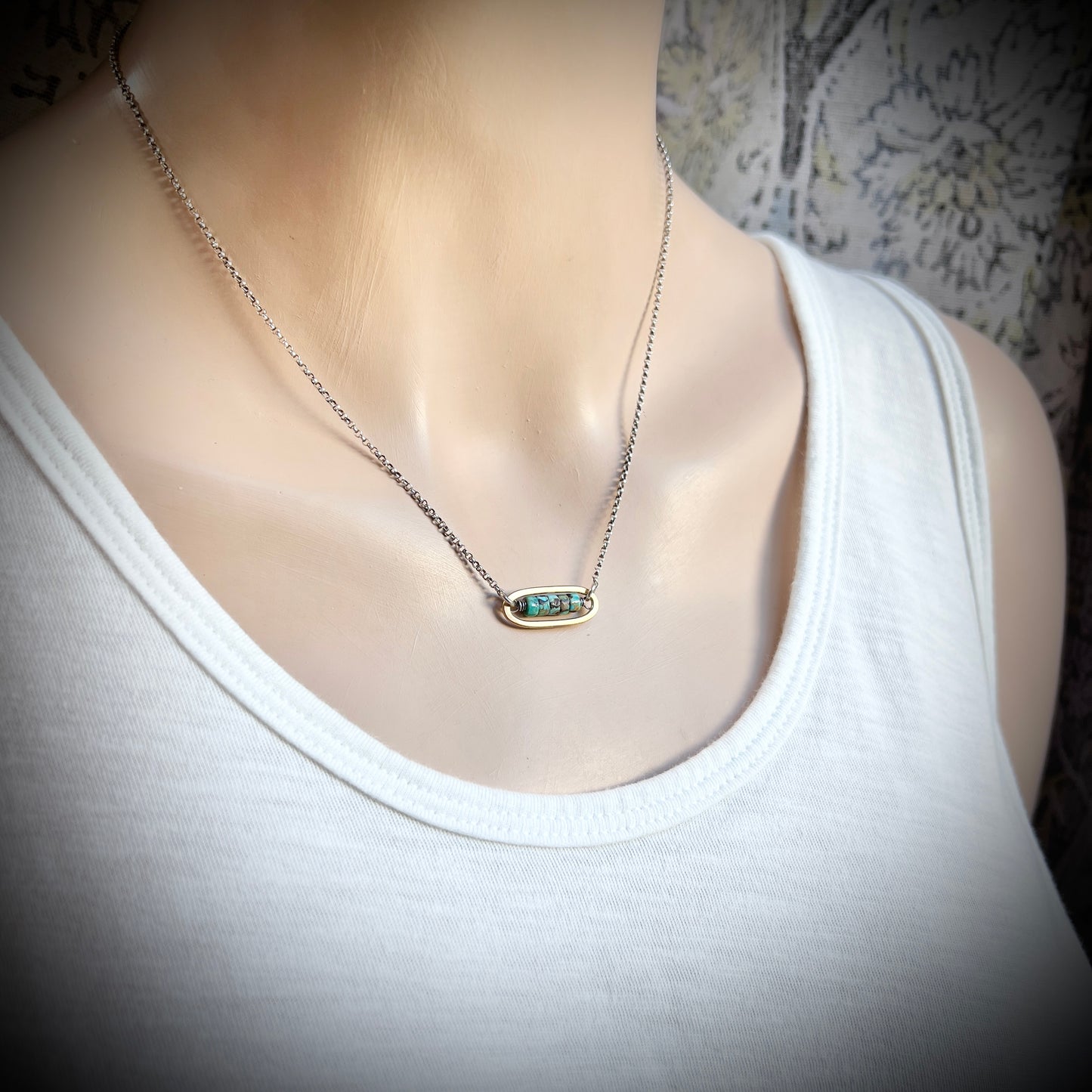 Turquoise Sterling Silver Necklace | Mixed Metal Brown Matrix Turquoise Small Pendant