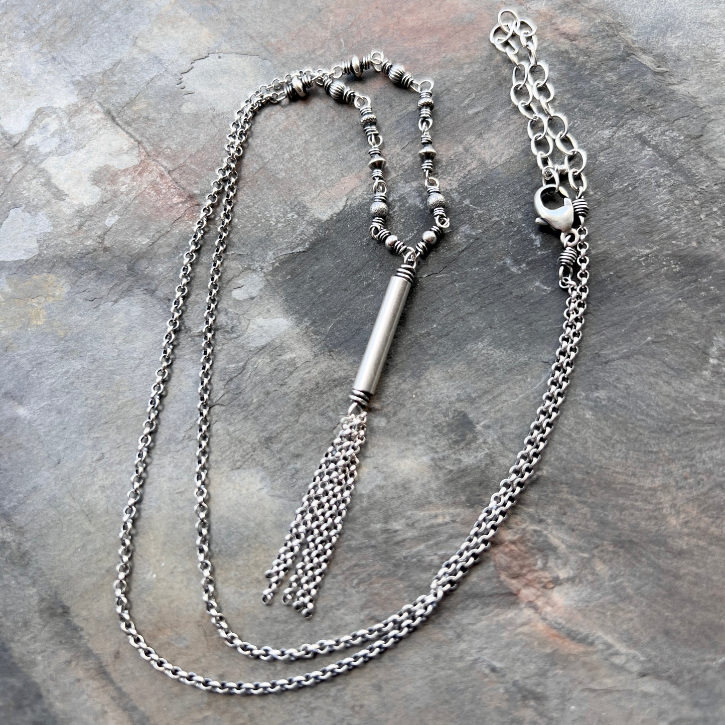Sterling Silver Beaded Tassel Necklace | Long Wire-Wrapped Drop Pendant