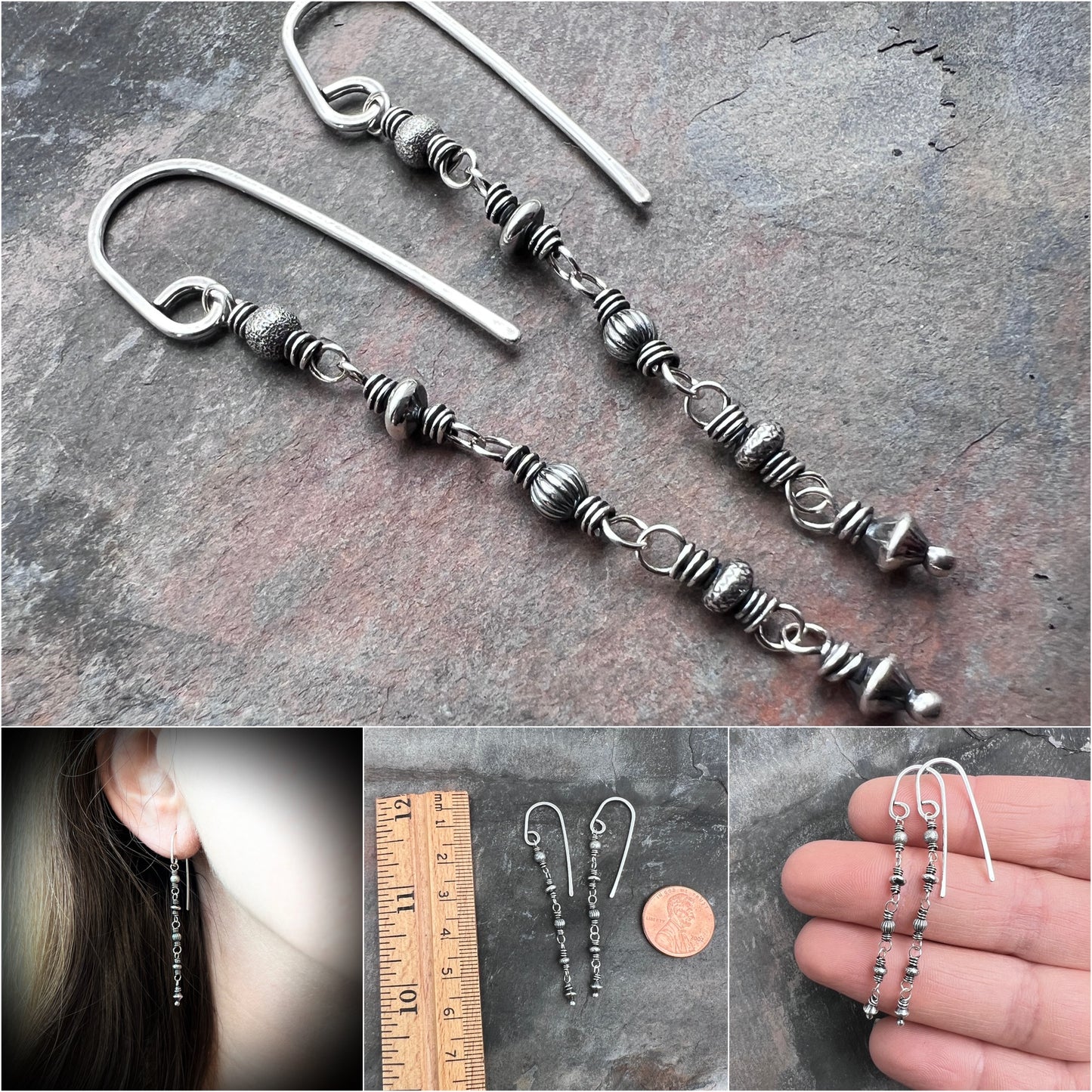 Sterling Silver Beaded Earrings | Wire-wrapped Lightweight Long Dangles