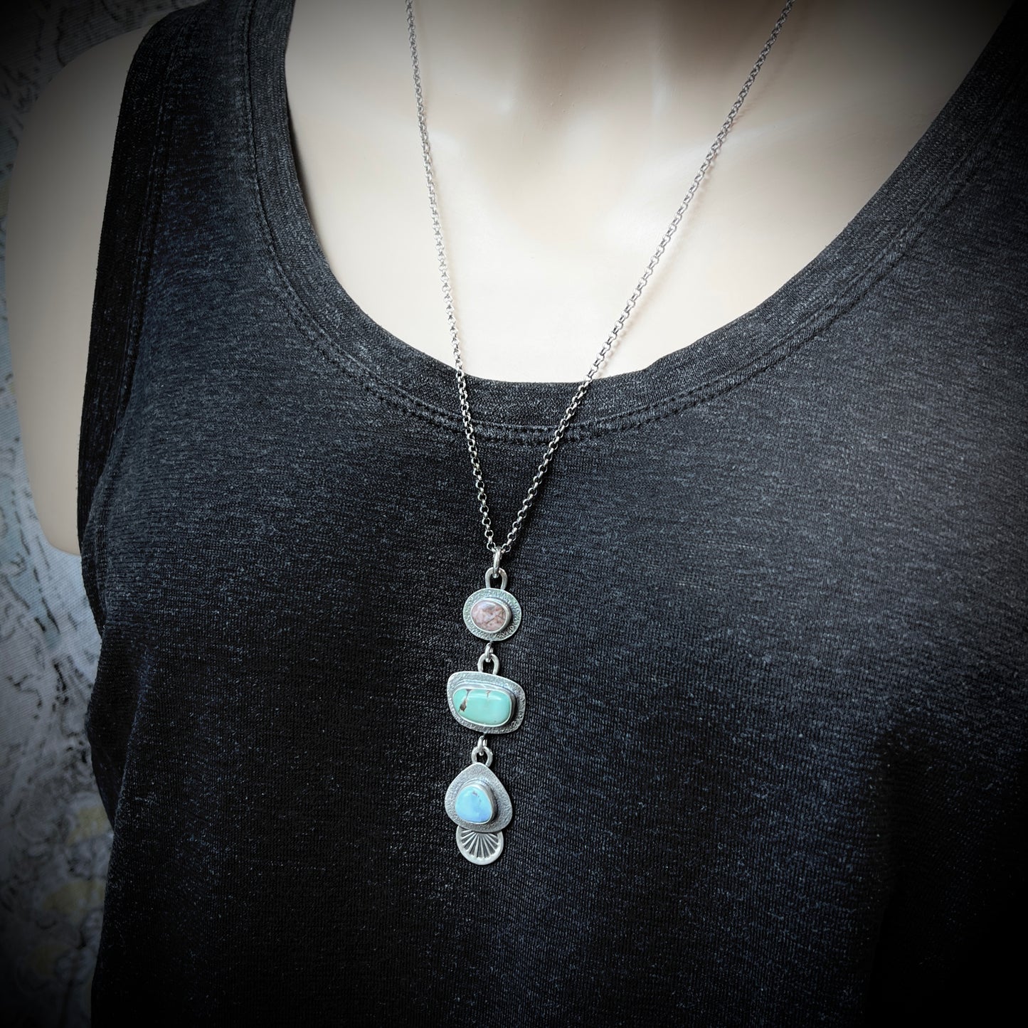Turquoise and Rhodonite Sterling Silver Necklace | Artisan One-of-a-kind Multi Stone Pendant