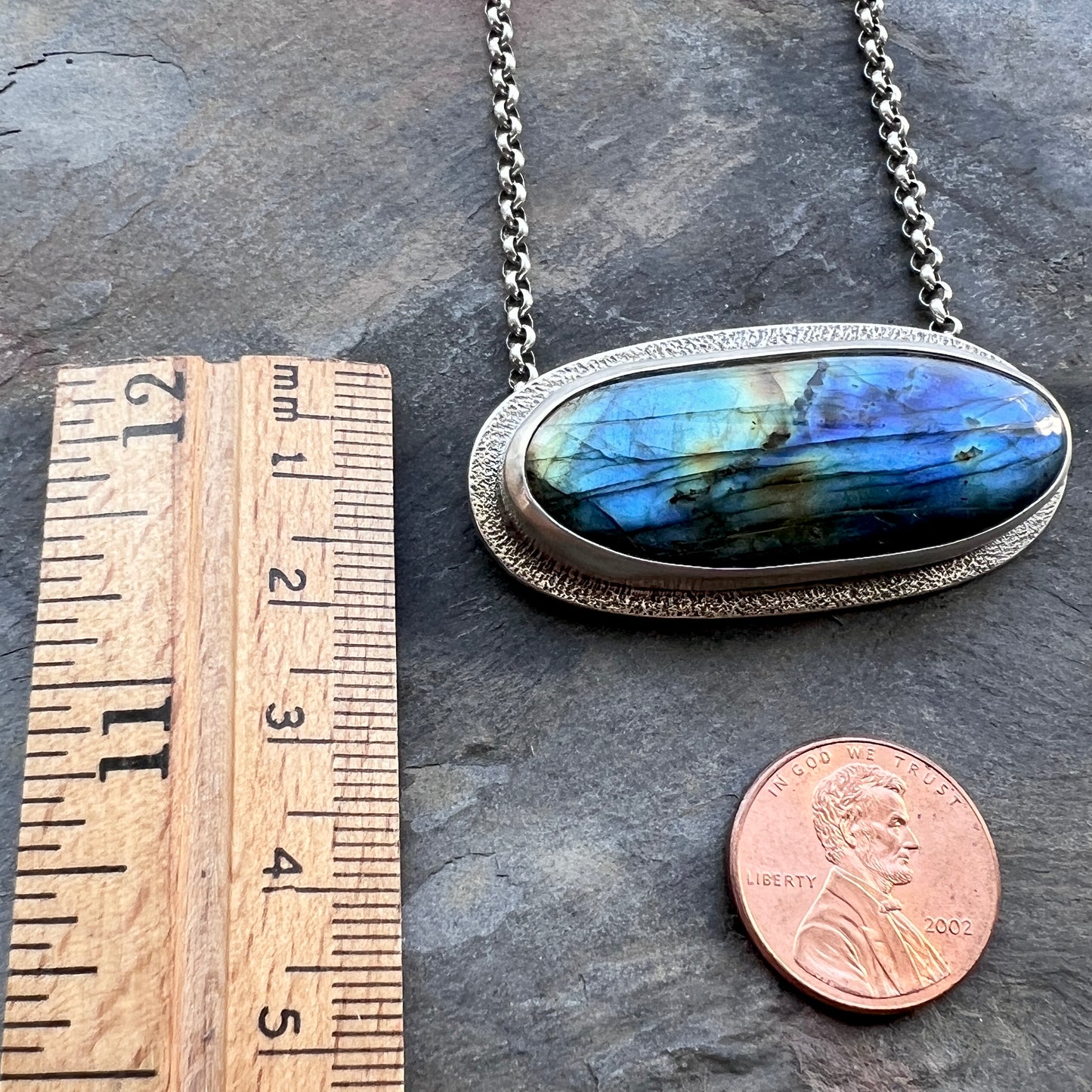 Sterling Silver Labradorite Necklace | Natural Stone Wide Oval Pendant