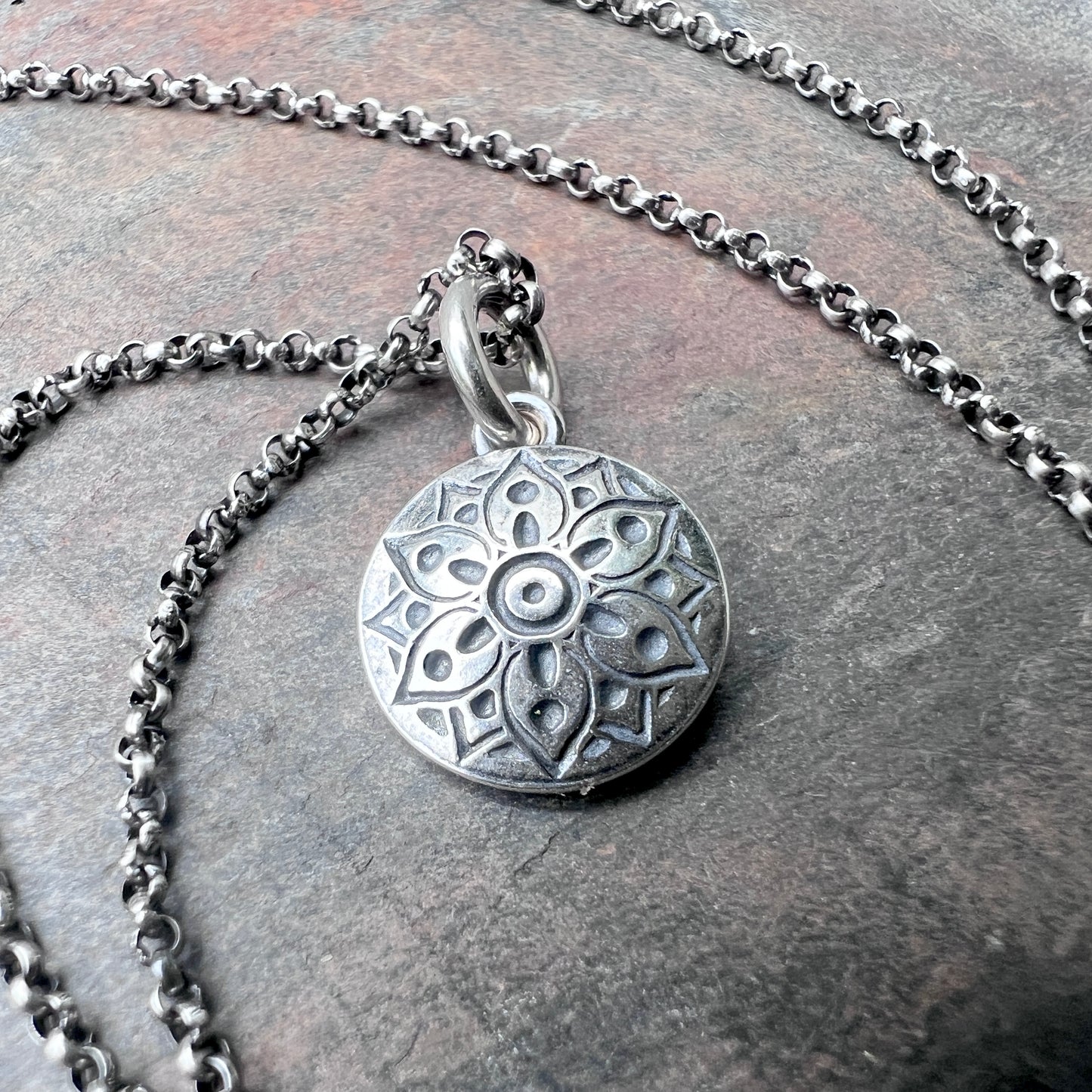 Sterling Silver Small Flower Medallion Necklace | Stamped Silver Circle Pendant on Lightweight Chain