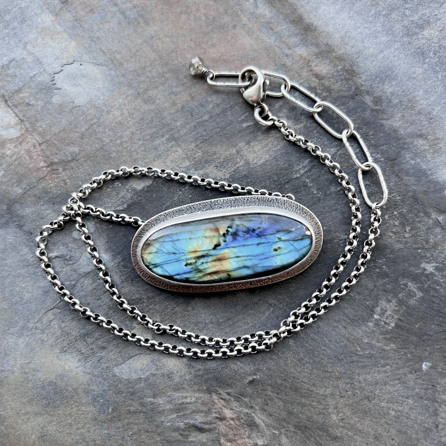 Sterling Silver Labradorite Necklace | Natural Stone Wide Oval Pendant
