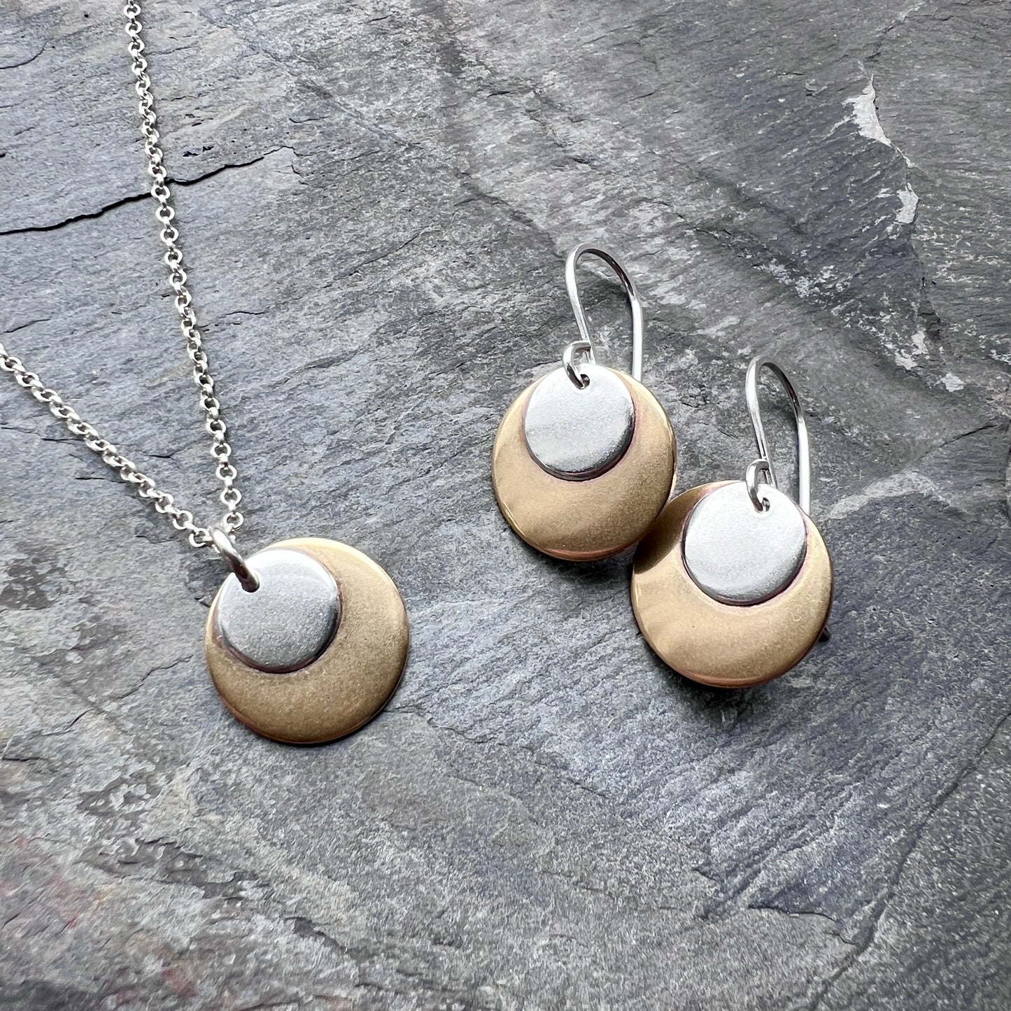 Sterling Silver and Golden Brass Earrings | Mixed Metal Layered Circle Dangles