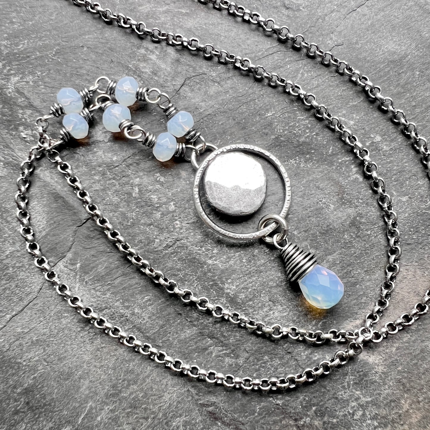 Sterling Silver Opalite Necklace | Wire-wrapped Opalite with Hammered Silver Pebble Pendant
