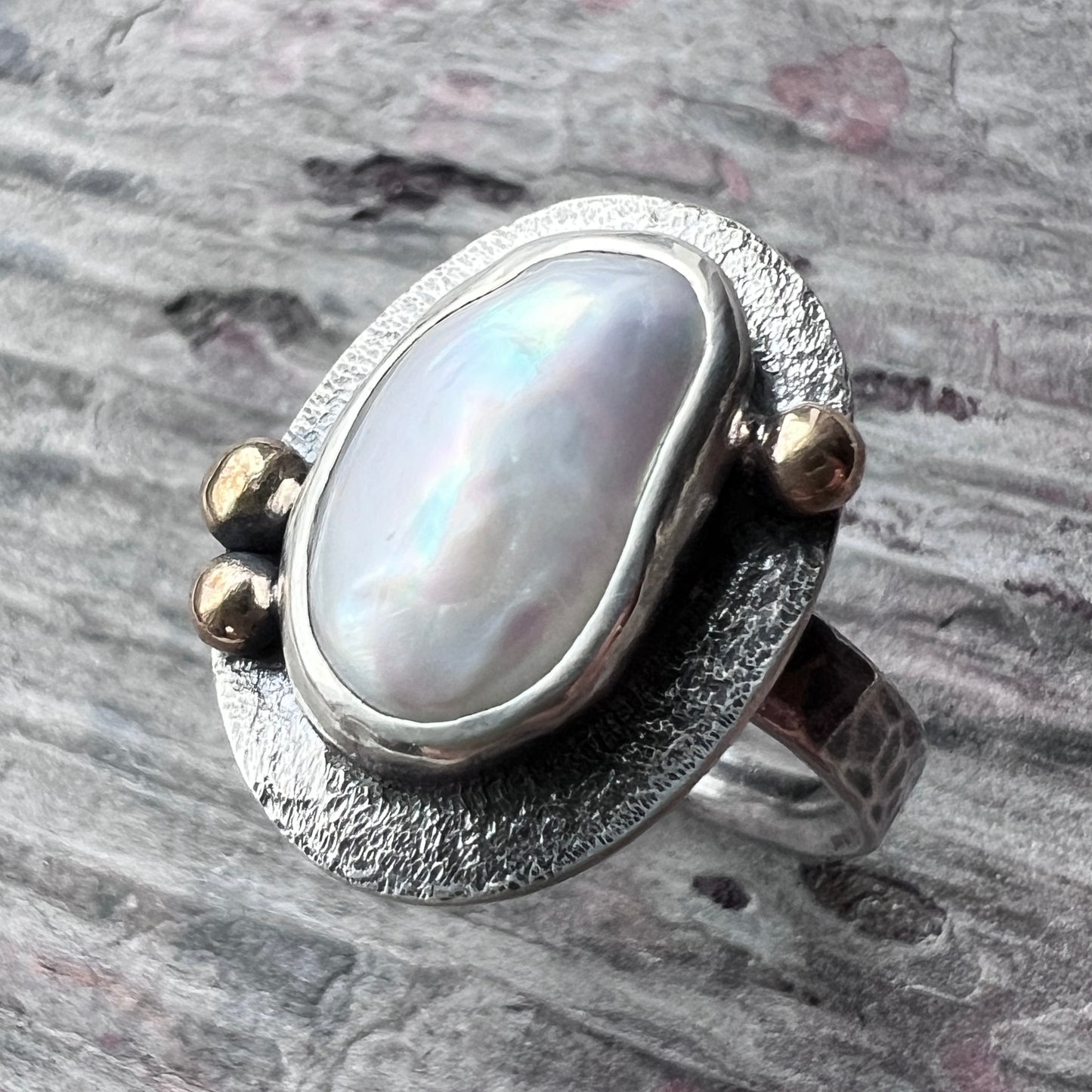 Sterling Silver Baroque Pearl Ring | Genuine Natural Pearl with Golden Brass Accents - Size 7.75