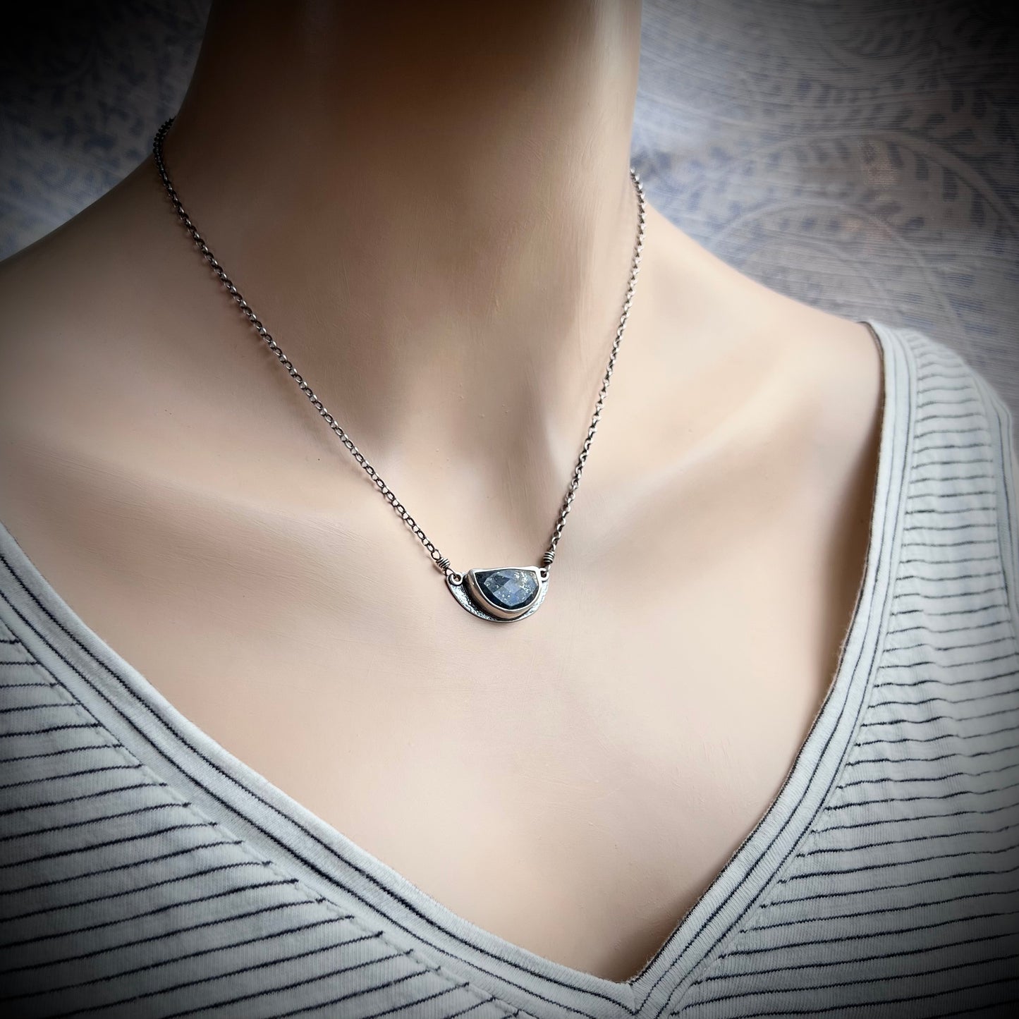 Sterling Silver Lapis Necklace Genuine Lapis Lazuli Natural Stone Semicircle Blue Pendant Handmade Jewelry Unique Gift for Her
