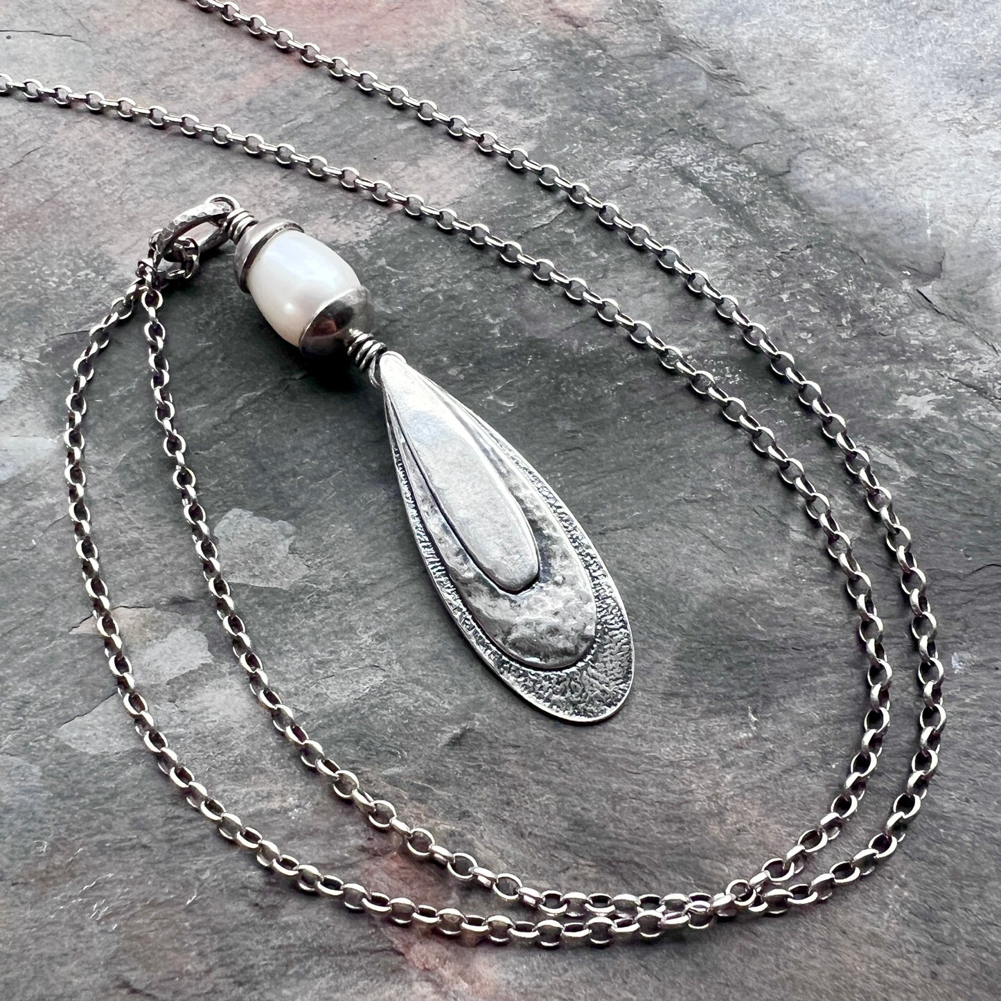 Sterling Silver Teardrop and Pearl Necklace | Hammered Teardrop and White Pearl Pendant