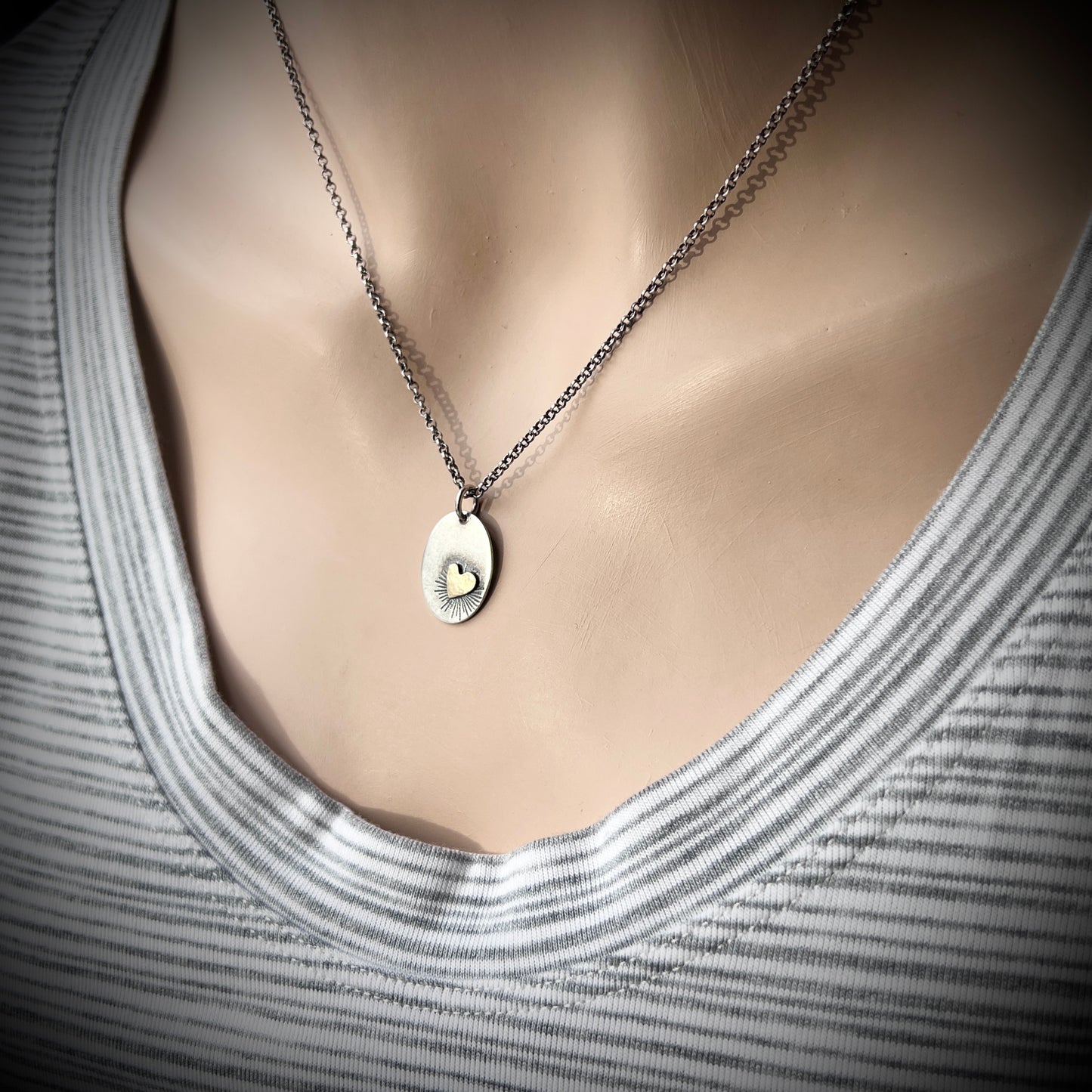 Sterling Silver and Golden Brass Heart Necklace | Handmade Mixed Metal Oval Pendant
