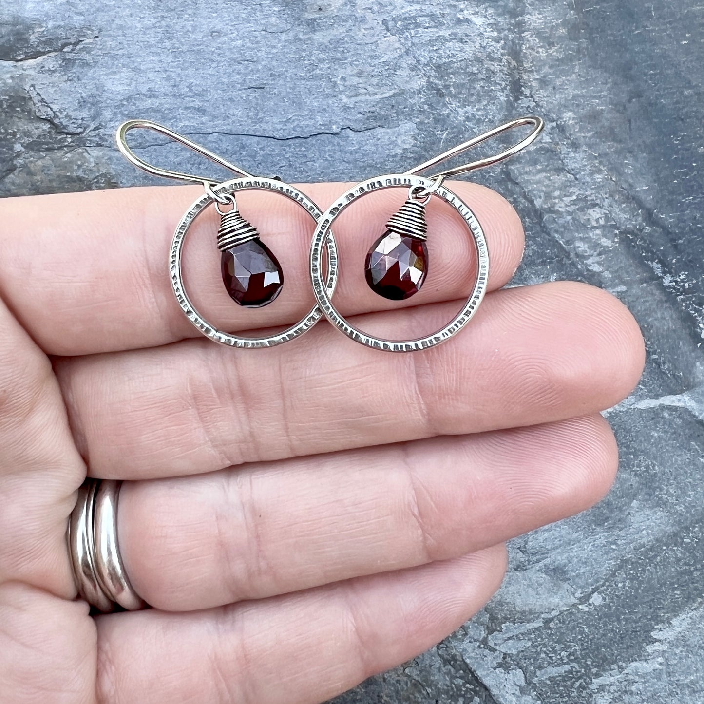 Genuine Garnet Sterling Silver Earrings | Deep Red Teardrops in Hammered Hoops