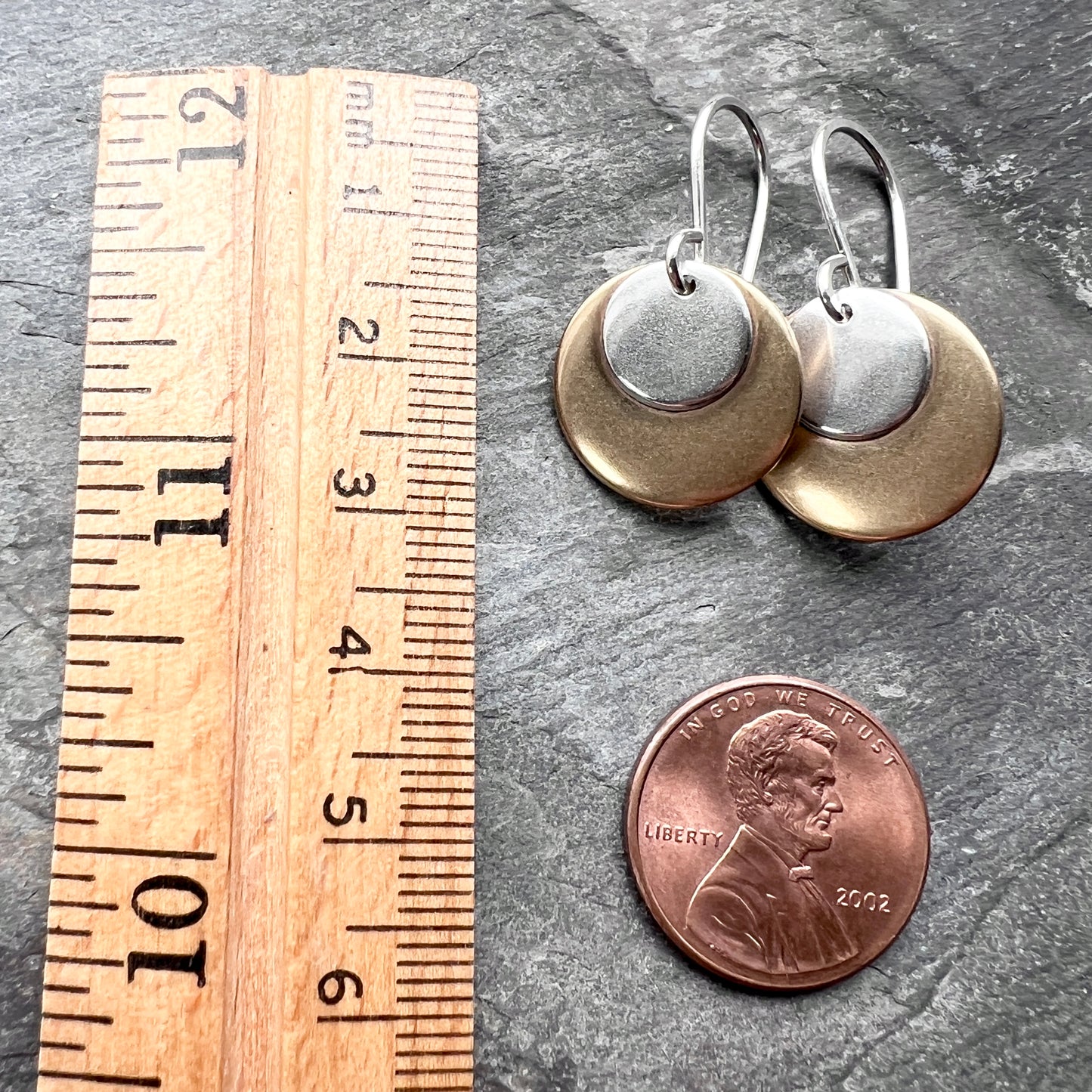 Sterling Silver and Golden Brass Earrings | Mixed Metal Layered Circle Dangles