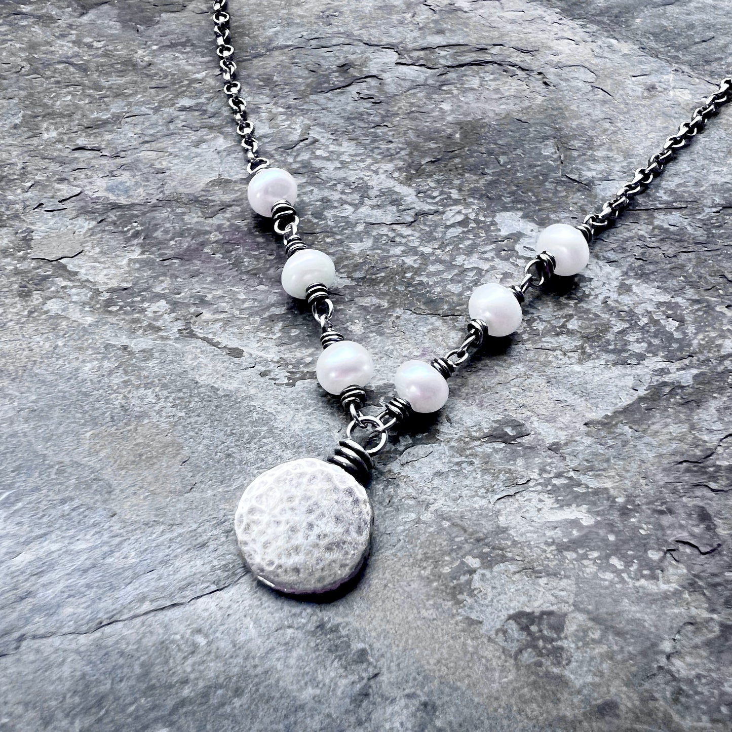 Sterling Silver Pearl Necklace | Wire-wrapped Pearls with Hammered Silver Pebble Pendant