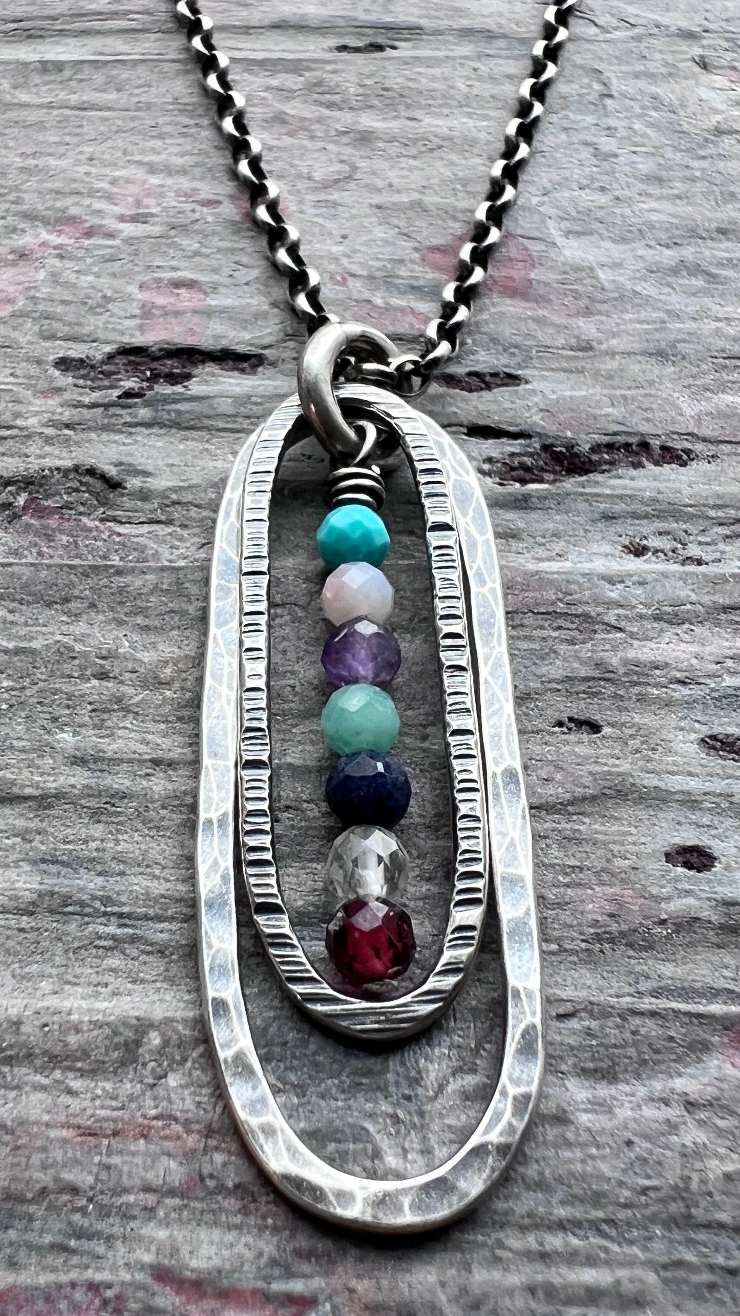 Customizable Sterling Silver Birthstone Necklace | Genuine Gemstone Hammered Long Oval Pendant