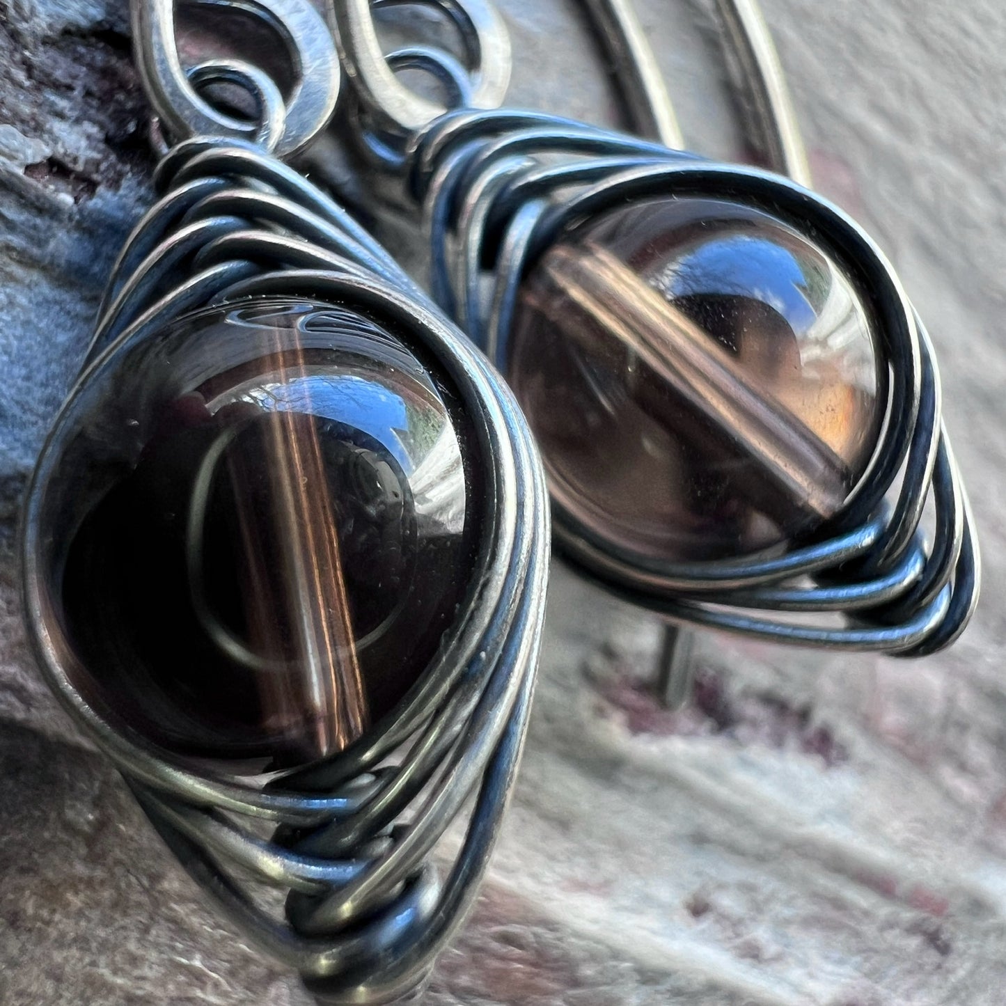 Sterling Silver Smoky Quartz Earrings | Brown Natural Stone Wire-wrapped Dangle Earrings