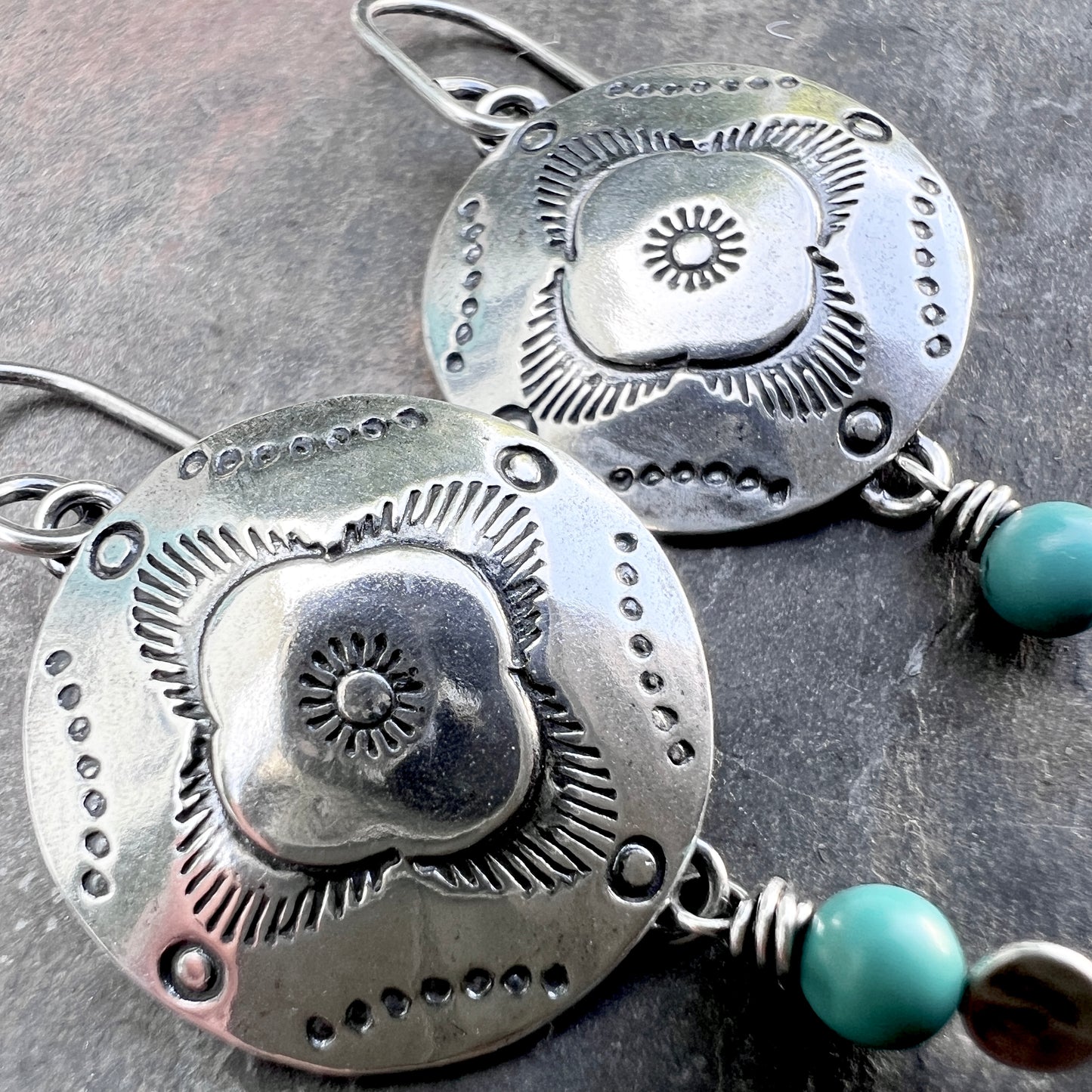 Sterling Silver Turquoise Earrings | Stamped Dangle Earrings with Genuine Turquoise Stone Beads