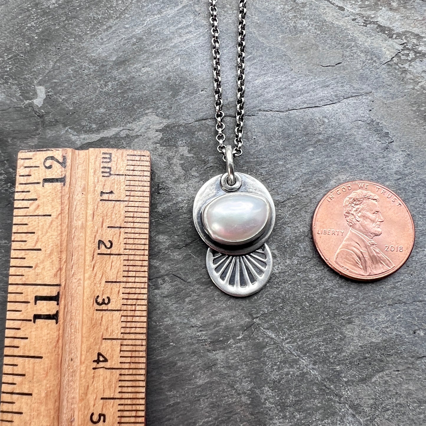 Sterling Silver Pearl Necklace | Natural Baroque Pearl Stamped Pendant
