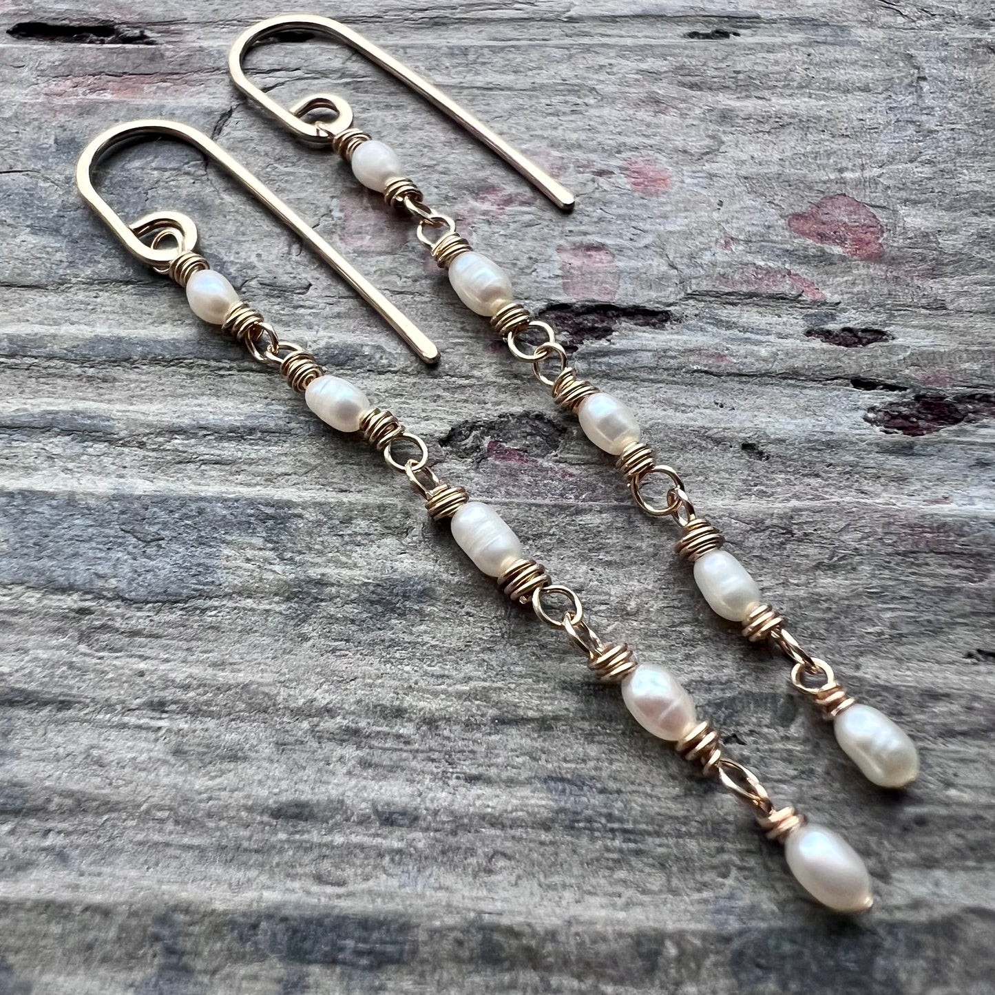 14k Goldfill Pearl Earrings | Long Genuine Pearl Gold or Silver Dangle Earrings