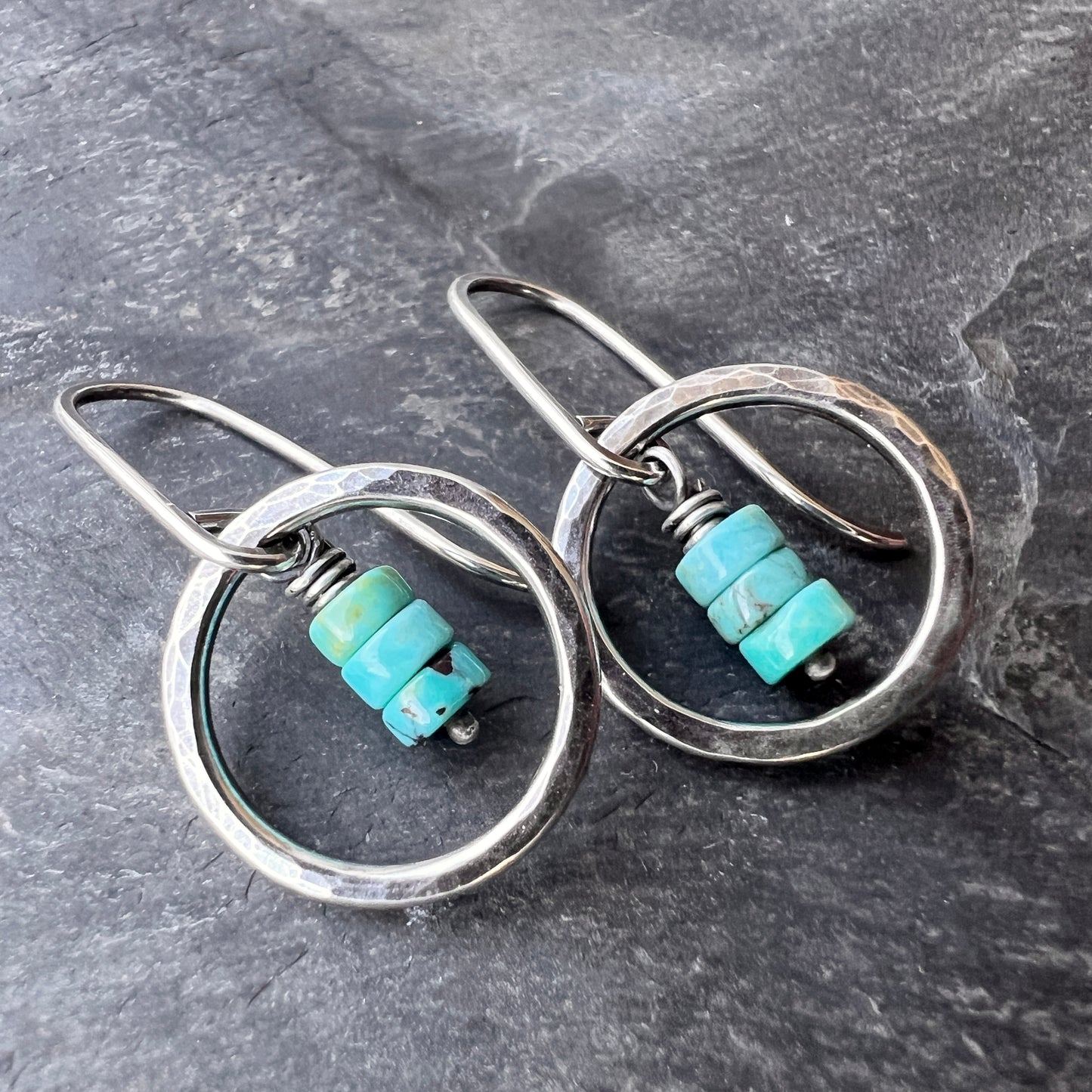Turquoise Sterling Silver Earrings - Genuine Turquoise in Hammered Circles