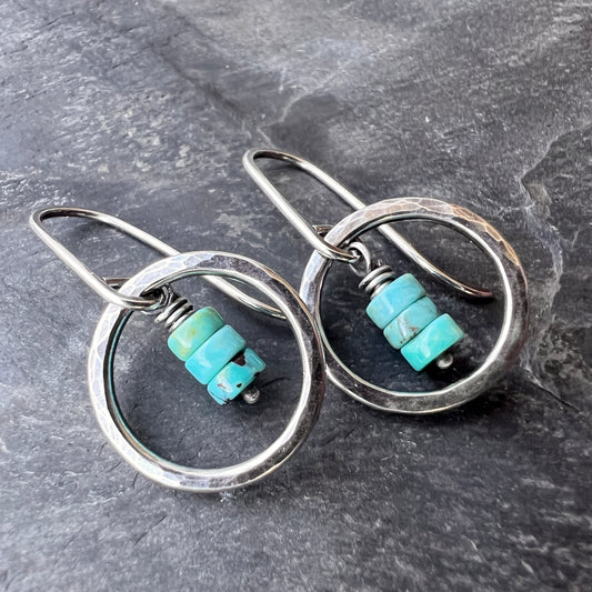 Turquoise Sterling Silver Earrings - Genuine Turquoise in Hammered Circles