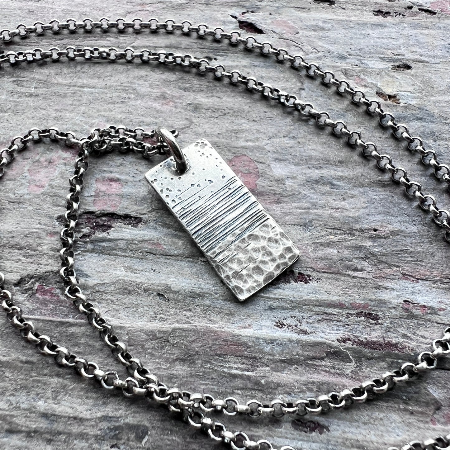Sterling Silver Hammered Necklace | Artsy Multi Textured Rectangle Pendant