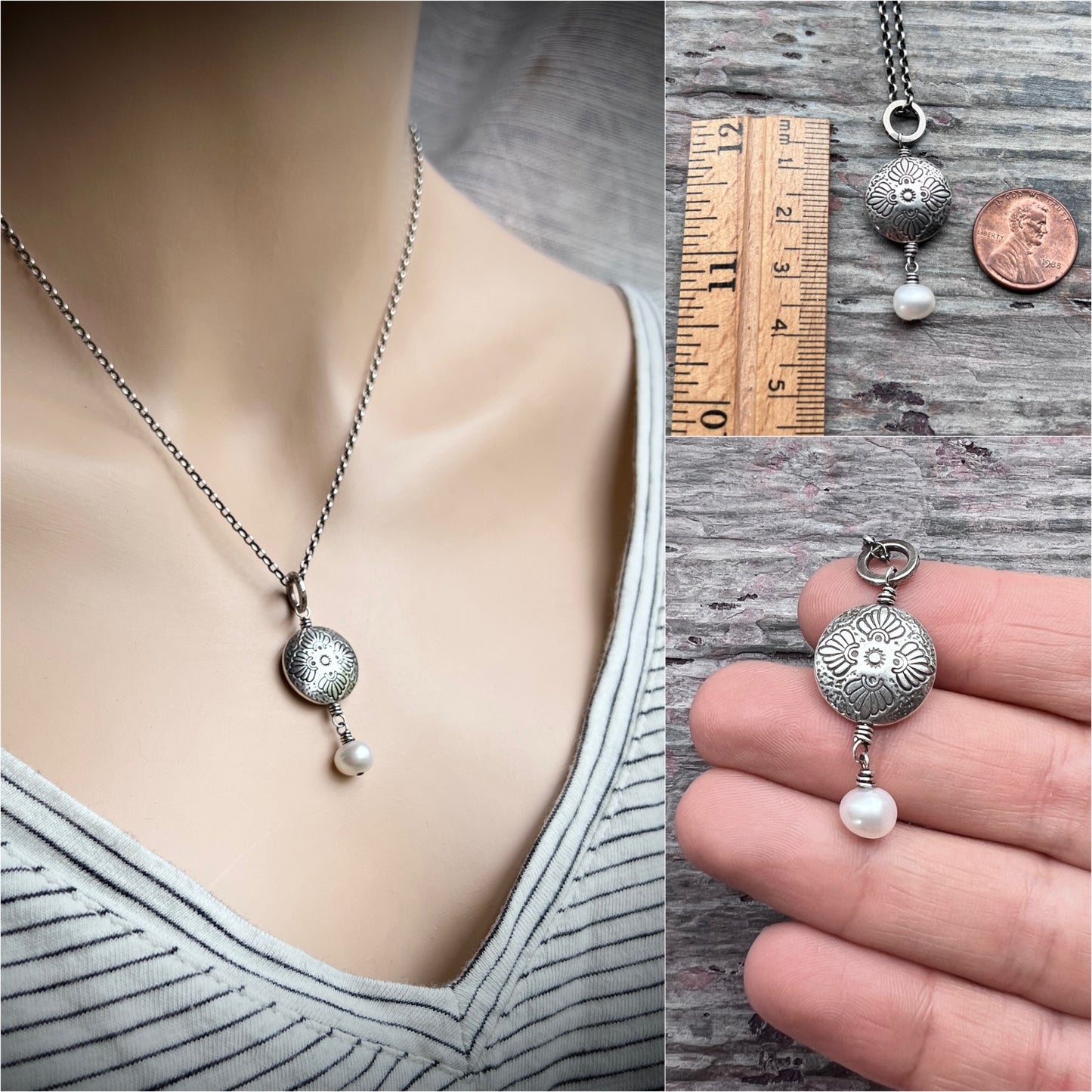 Sterling Silver Pearl Necklace | Floral Medallion and Genuine Pearl Pendant