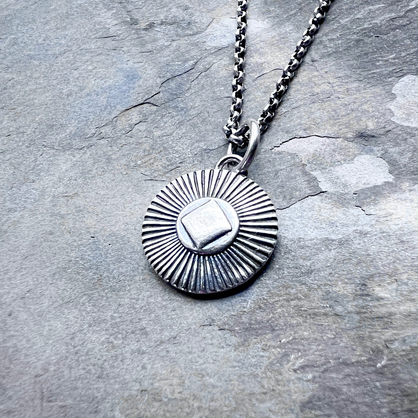 Sterling Silver Diamond Circle Necklace | Small Stamped Silver Pendant on Lightweight Chain