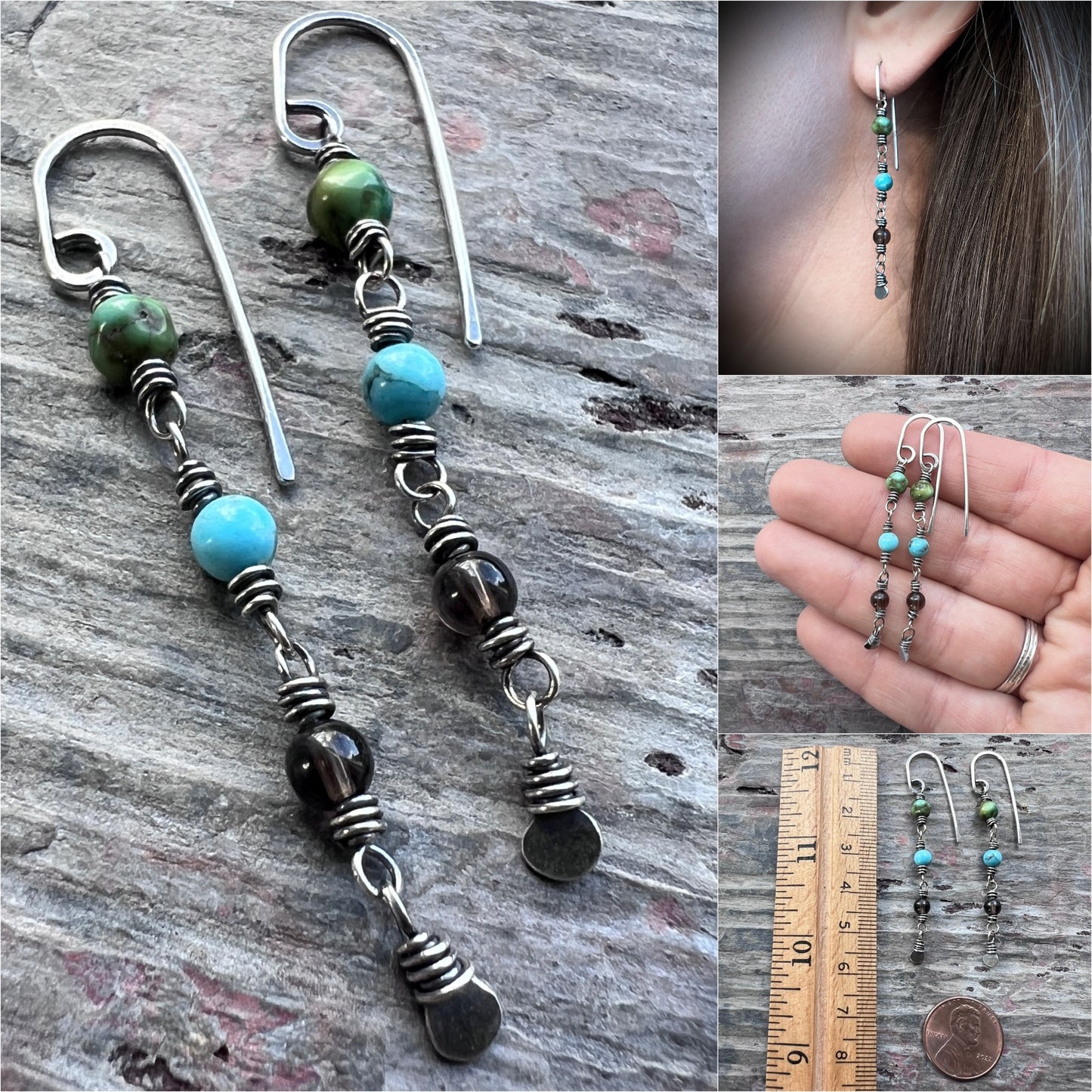 Sterling Silver Turquoise and Smoky Quartz Earrings | Natural Stone Long Dangle Earrings