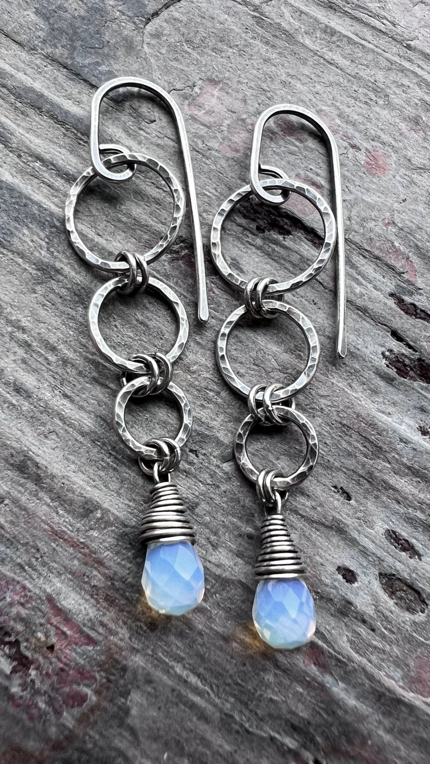 Sterling Silver Opalite Earrings | Opalite Teardrops on Hammered Rings Long Dangle Earrings
